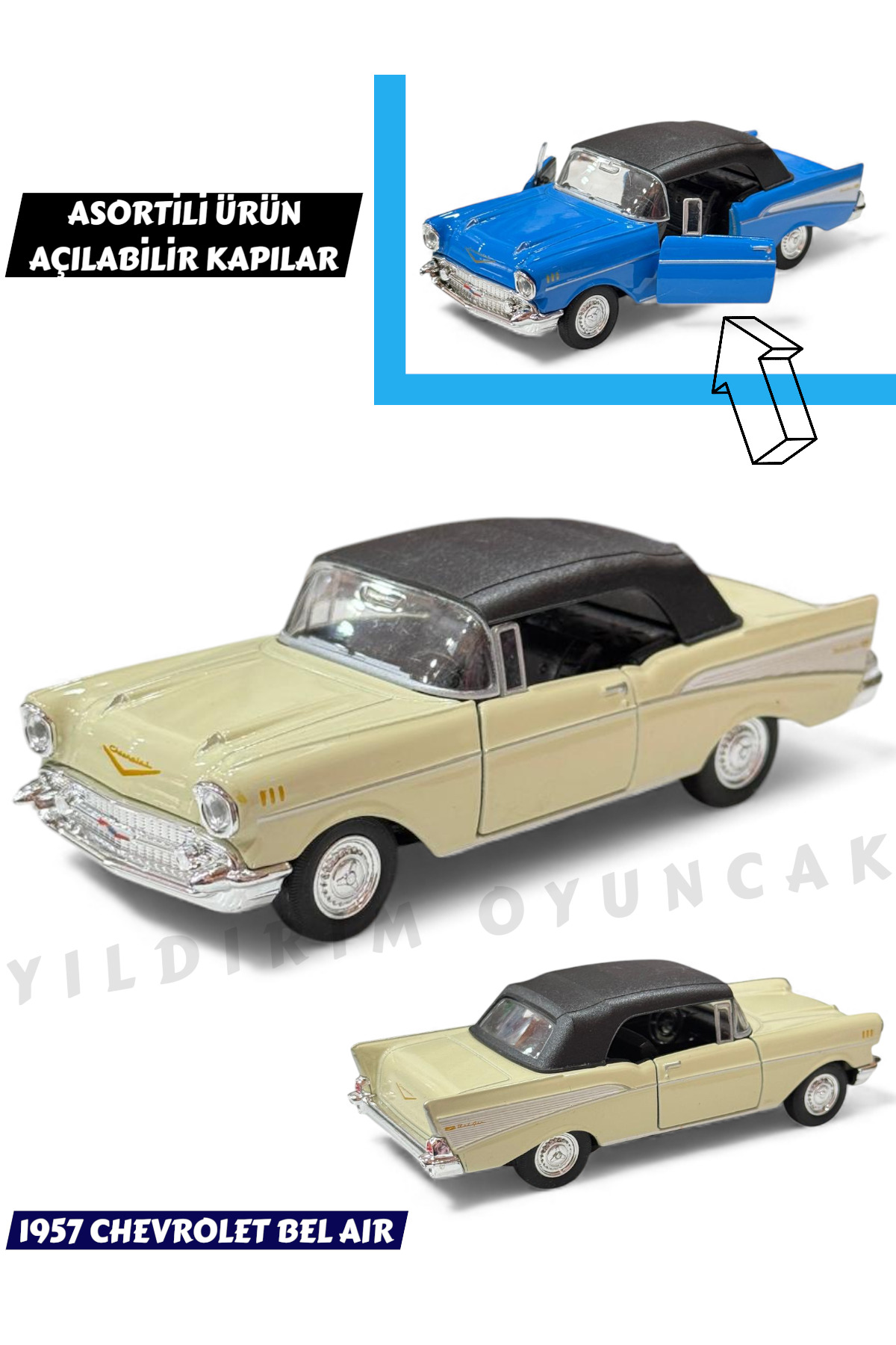 ماشین اسباب بازی فلزی کلکسیونی 1:18 مقیاس 12 سانتی متر مدل 1957 CHEVY BEL AIR با درهای باز شونده YILDIRIM OYUNCAK