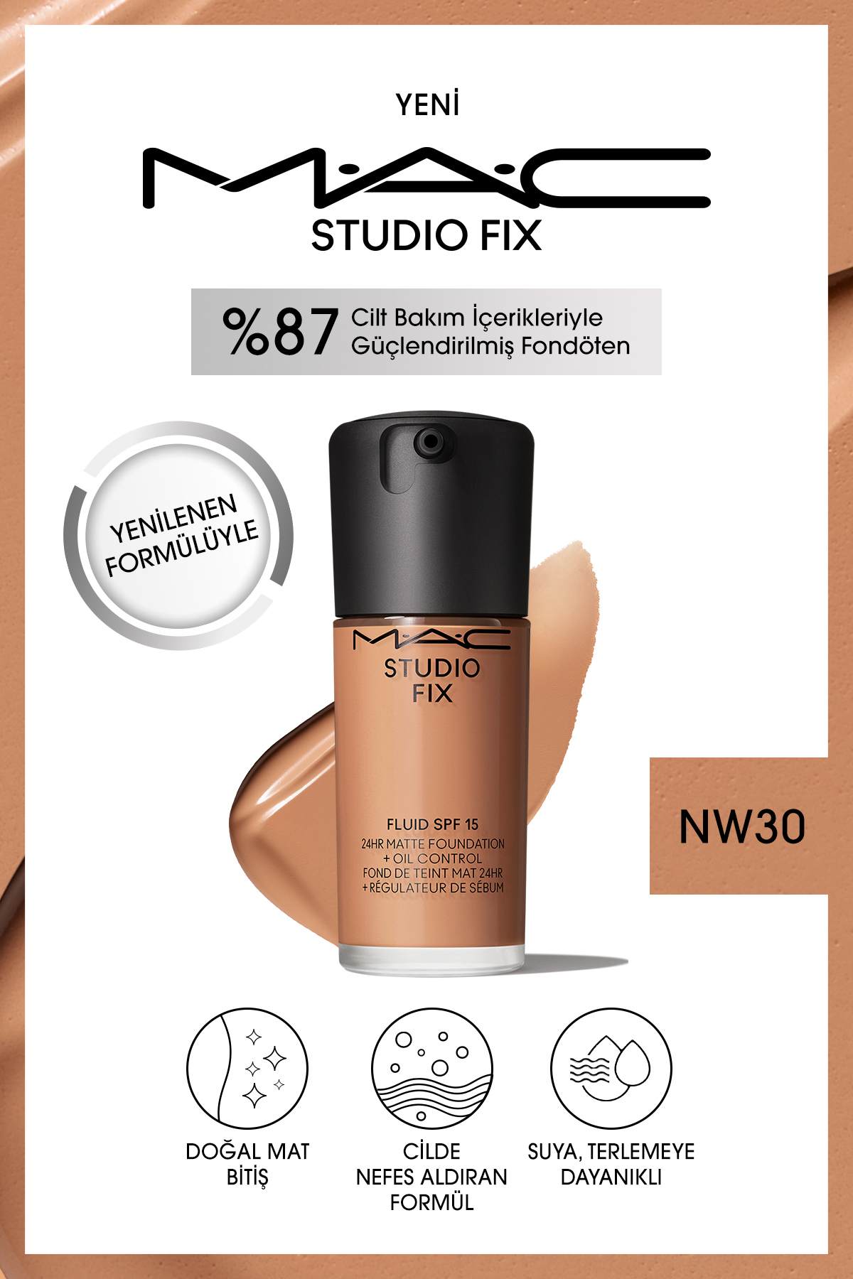 کرم پودر بنیاد دائمی مت تا 24 ساعت استودیو رفع سیال SPF15 رنگ: NW30 30ML Mac
