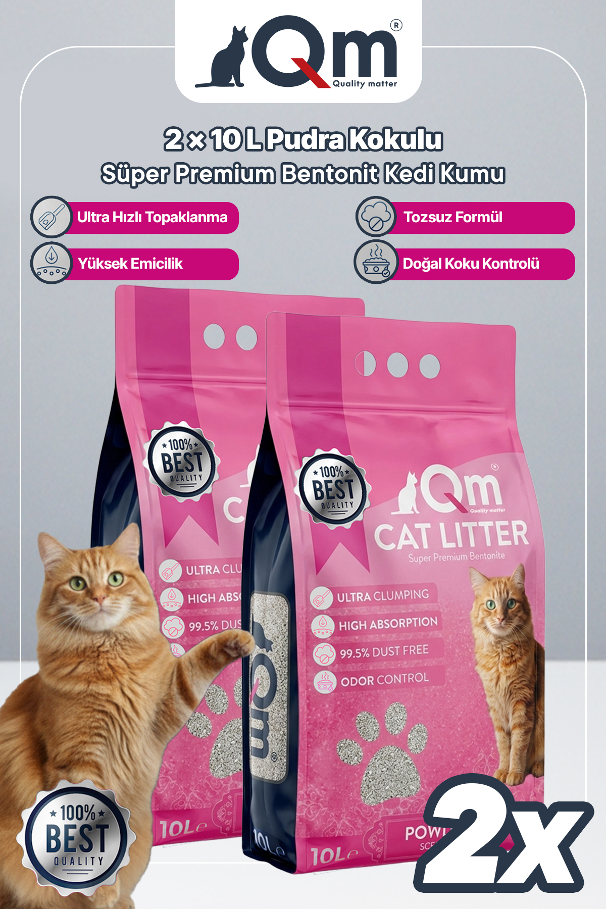 خاک گربه بنتونیتی عطری کیو‌ام QM؛ رایحه پودر بچه، ۱۰ لیتر × ۲ بسته