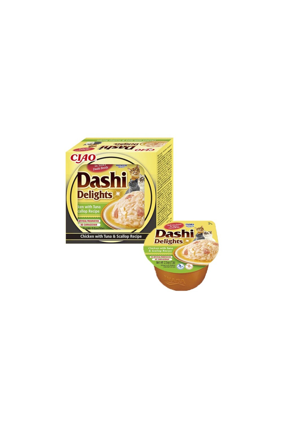 سوپ گربه اینابا چائو INABA CIAO، سری Ciao Dashi Delights، با مرغ، تن‌ماهی و صدف اسکالوپ، ۷۰ گرم