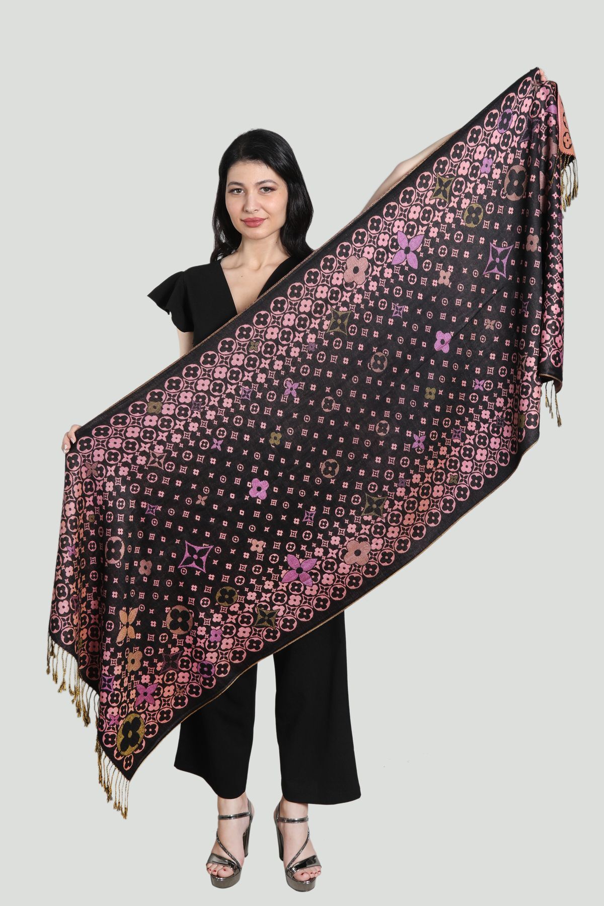 شال پاشمینا زنانه میستیک Mystic، مشکی و صورتی، مدل MS-354
