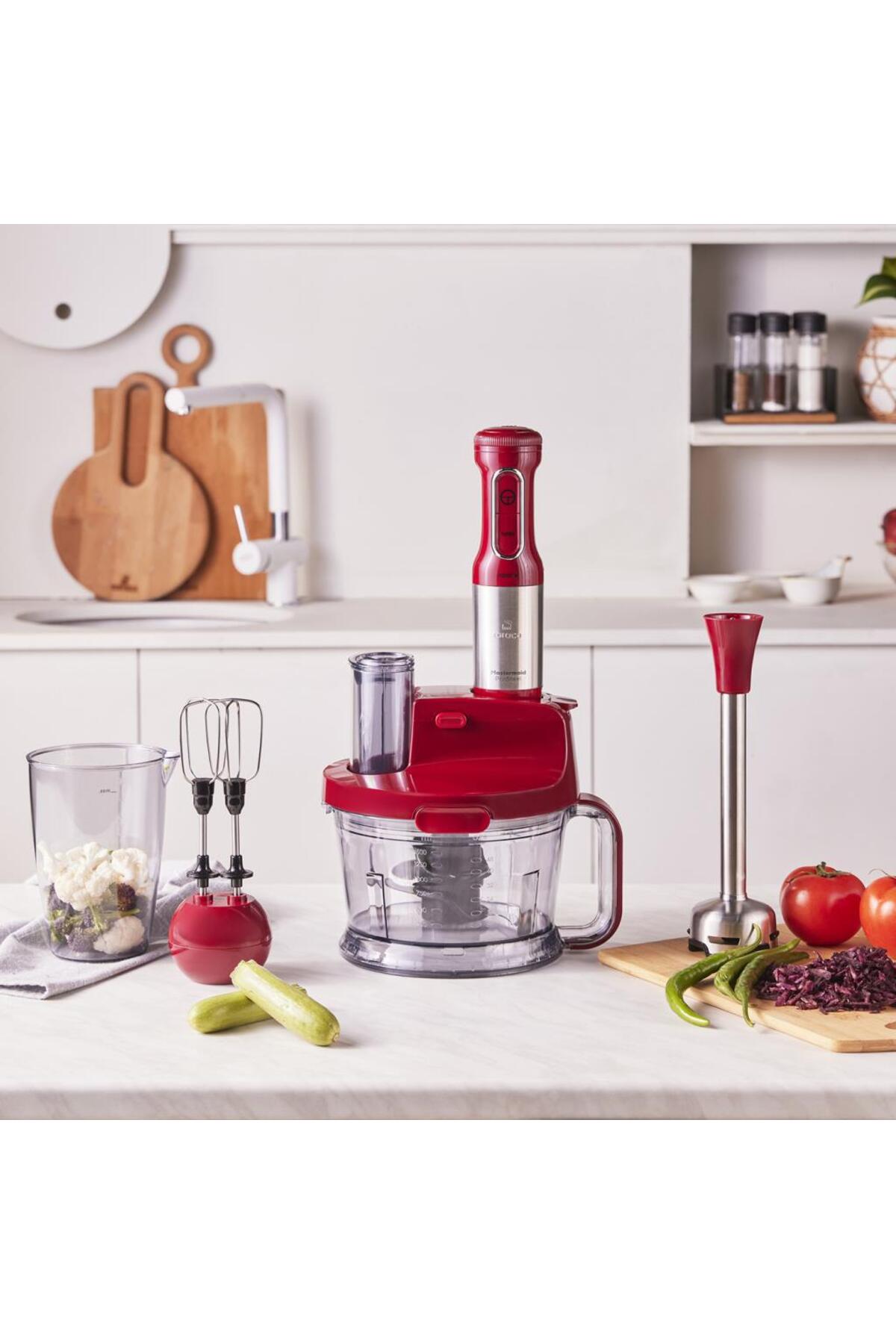 ست مخلوط کن غذاساز MASTERMAID PROSTEEL 2000W قرمز اورجینال Karaca