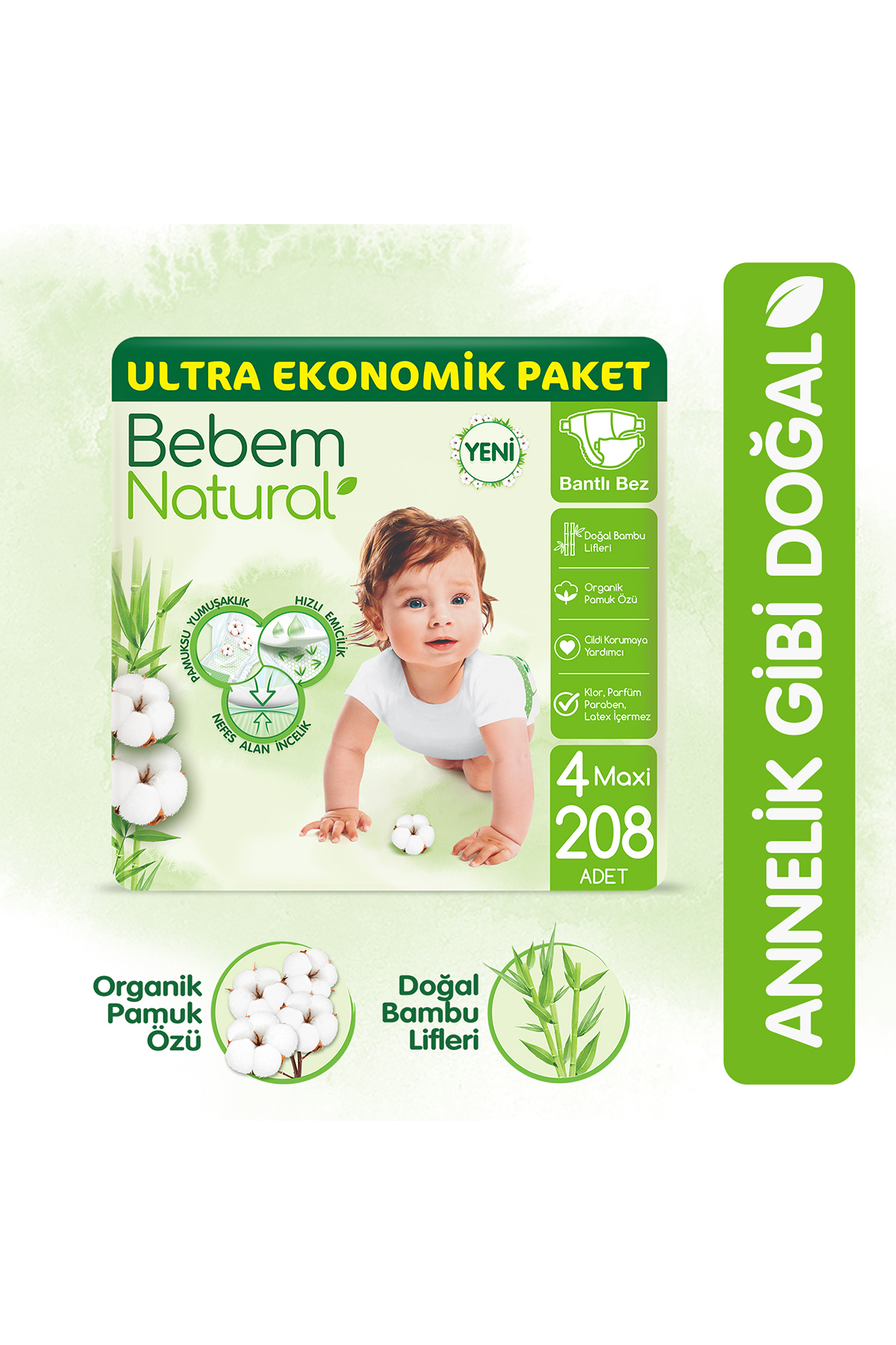 پوشک بچه سایز 4 MAXI ULTRA ECONOMIC بسته 208 عددی اورجینال Bebem Natural