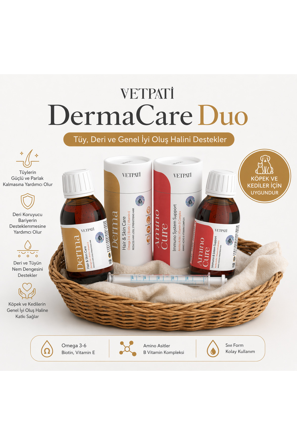 مجموعه مکمل آمینواسید و ویتامین گربه و سگ، همراه شربت پوست و مو وت‌پاتی Vetpati Dermacare Duo