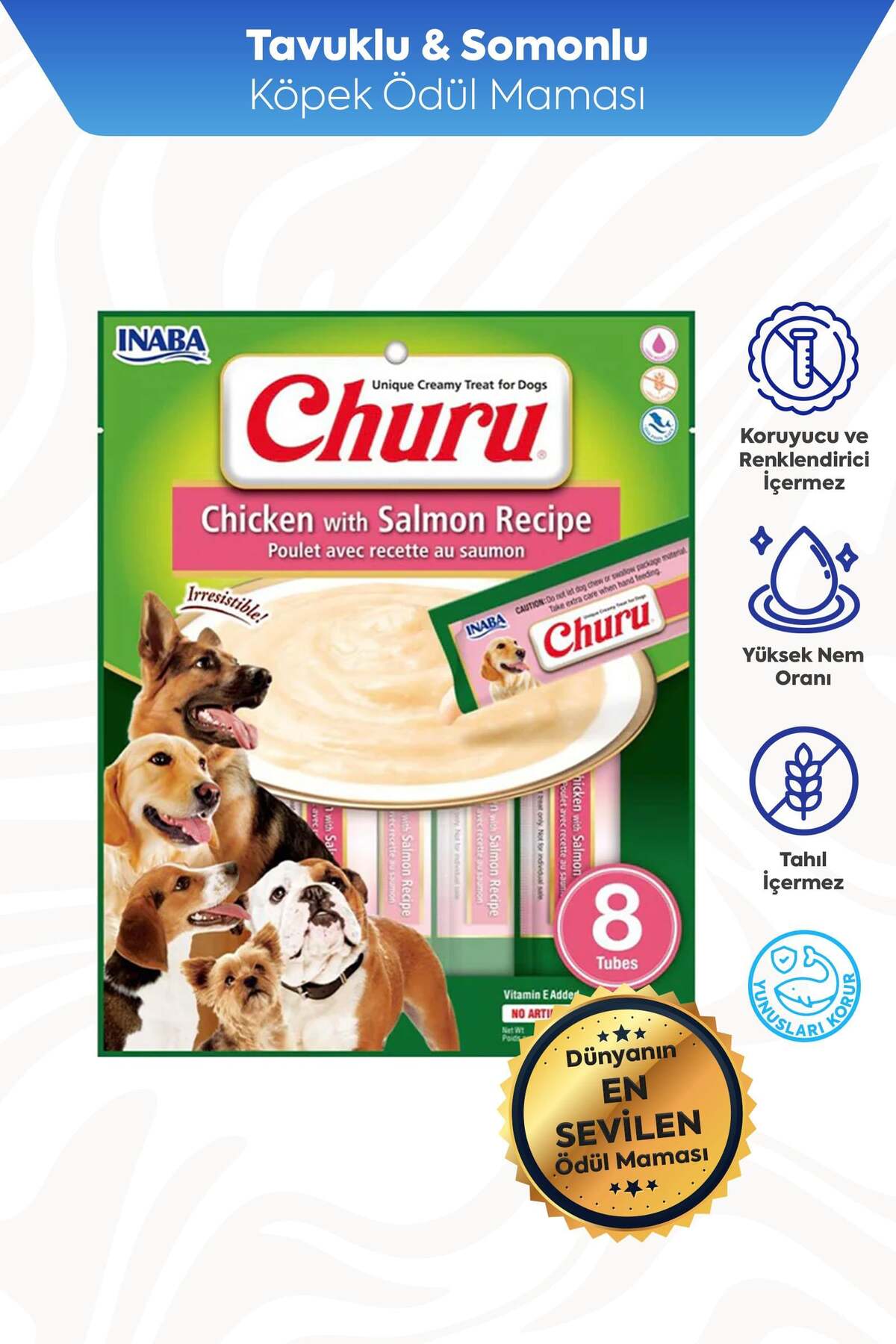 تشویقی مایع سگ اینابا Inaba Ciao Churu با سالمون و مرغ، ۸ عدد ۲۰ گرمی