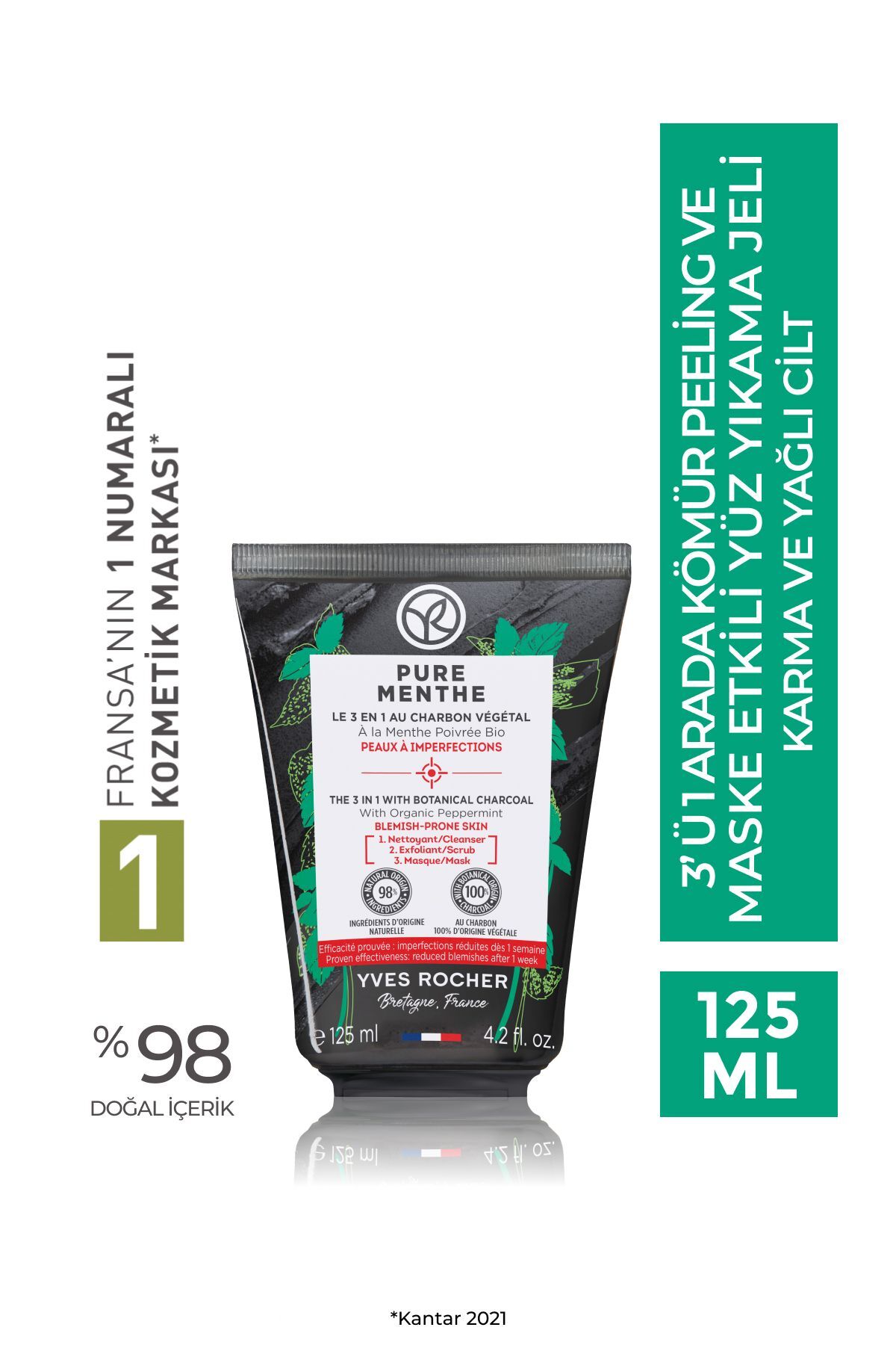 Yves Rocher پیلینگ صورت موثر Pure Menthe با ۳ اثر مختلف ژل شستشوی پیش بیوتیک 125 گرم