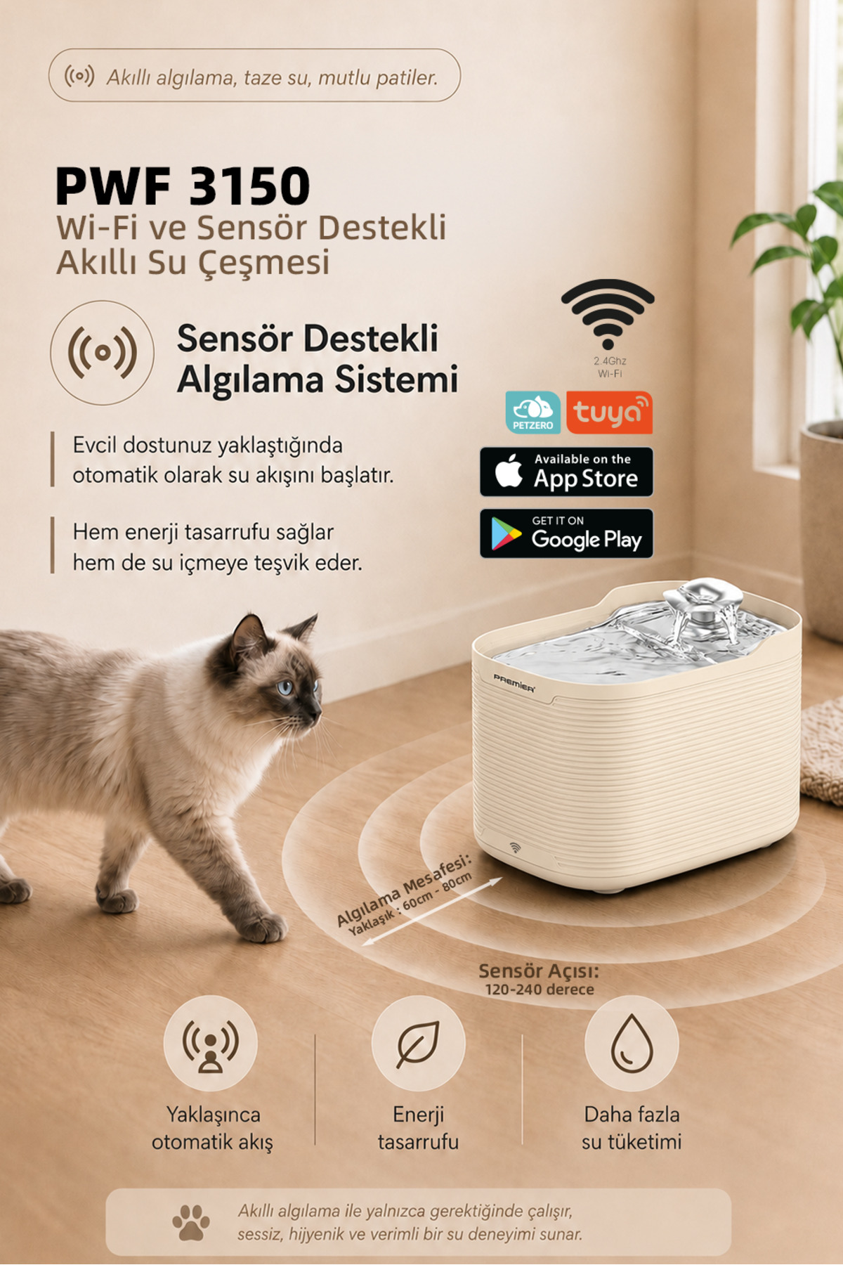 آب‌نمای هوشمند خودکار گربه و سگ پریمیر Premier، Petmate Flowsense Pro، مدل PWF3150-Krem، ۲٫۵ لیتری، کرم 2,5 L