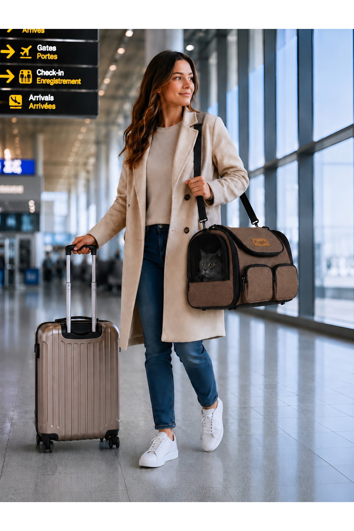 کیف حمل گربه و سگ پوگالو Pugalo مدل FlyComfort، کتان، فریم فلزی، کابین‌سایز، قهوه‌ای