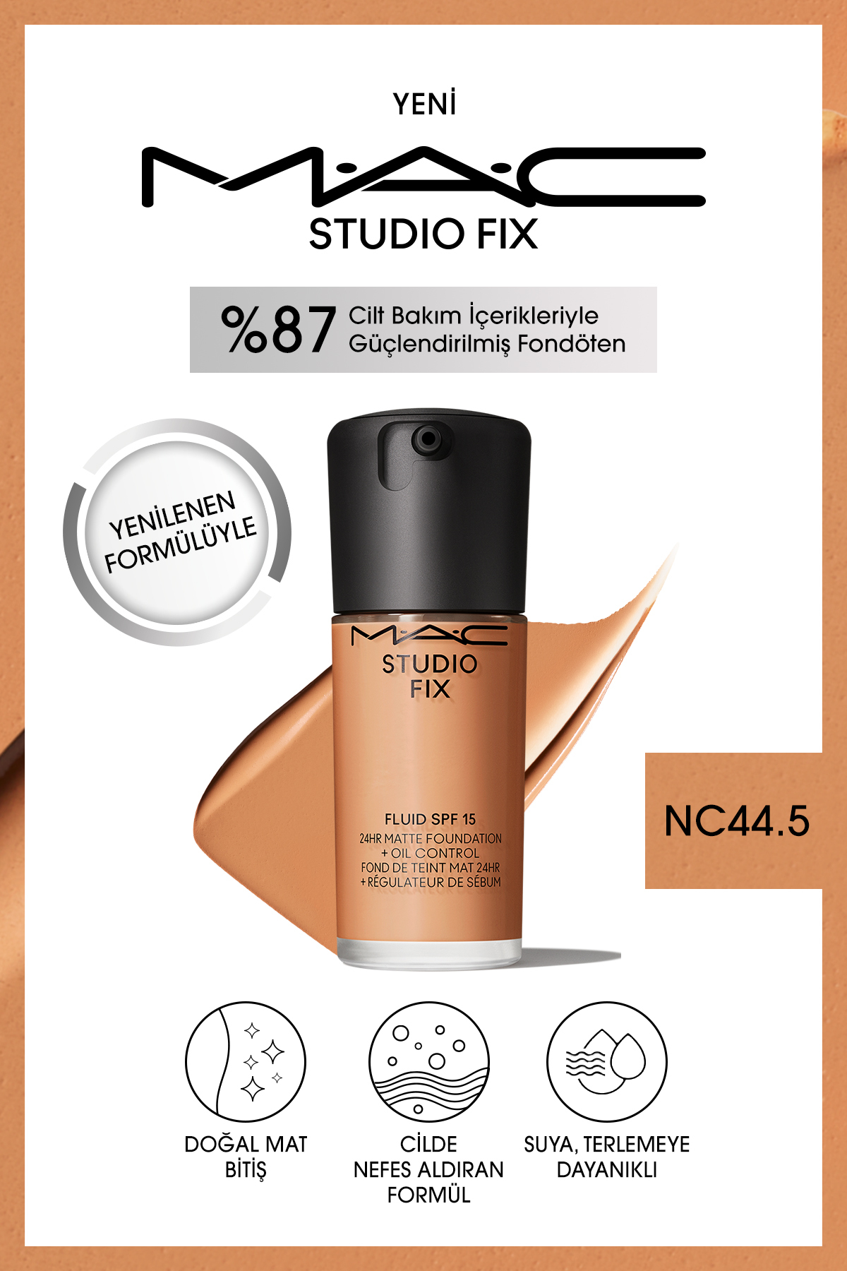 کرم پودر بنیاد MATT دائمی تا 24 ساعت استودیو رفع سیال SPF15 رنگ: NC44.5 30ML Mac