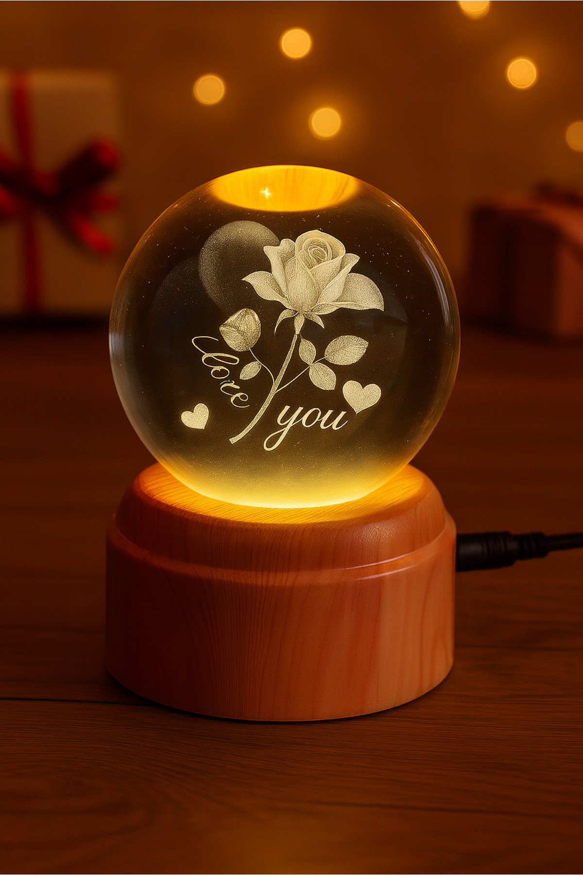 گوی برفی گلوب شیشه ای دوار USB I LOVE YOU با نور LED از ترکیه Deryal Hediyelik