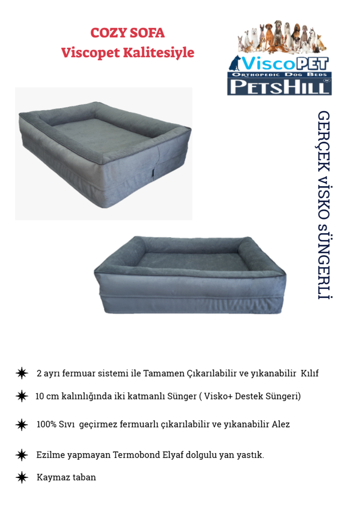 تخت سگ پت‌شیل petshill Viscopet Premium Cozy Sofa، مدل Cozysofa، فومی و قابل شست‌وشو خاکستری