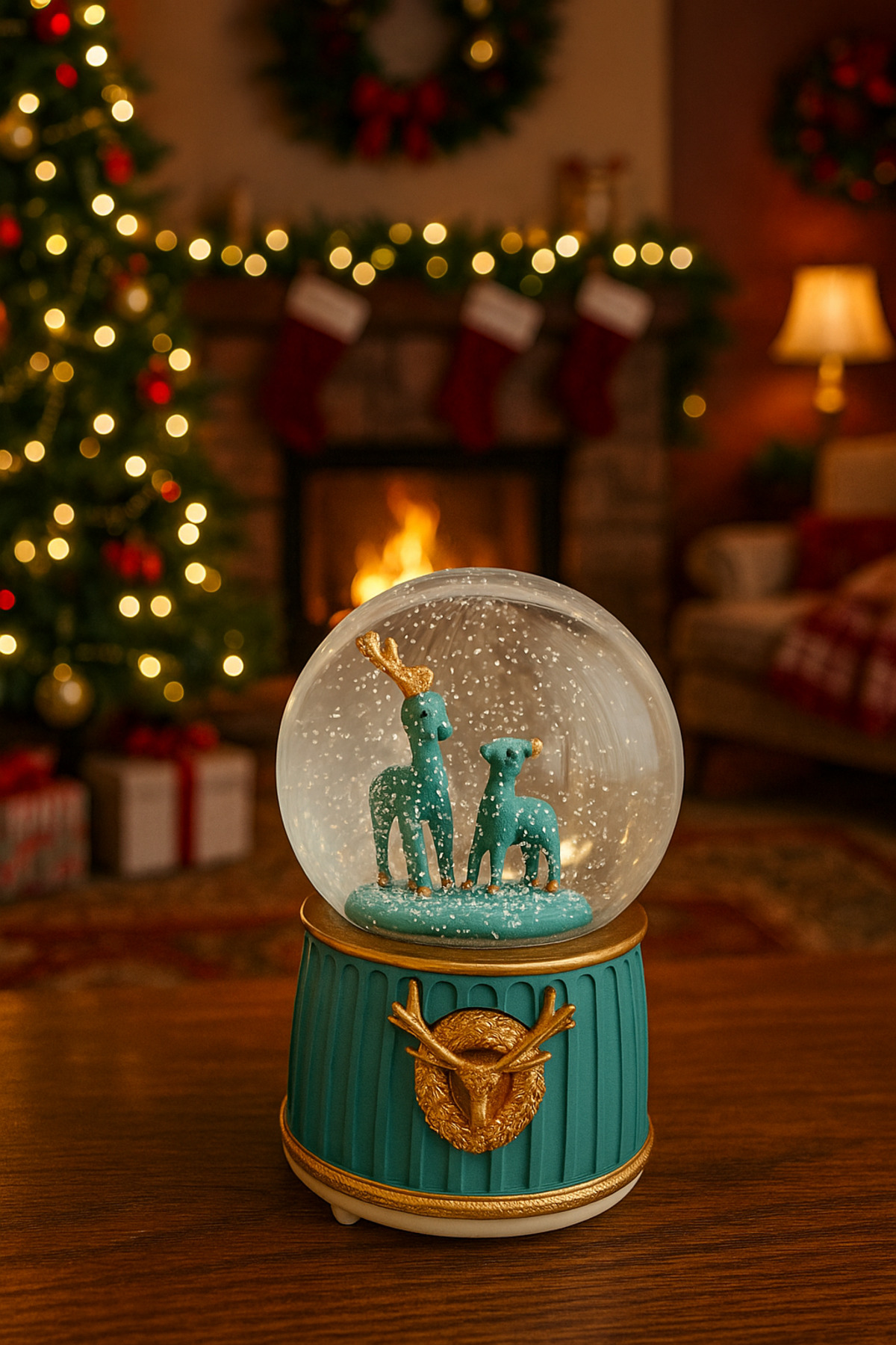 گوی برفی GLASS SNOW GLOBE 3DC MOTHER AND BABY DEER WITH LIGHT MUSIC EFFECT گیفت باتری از ترکیه ALYTECH