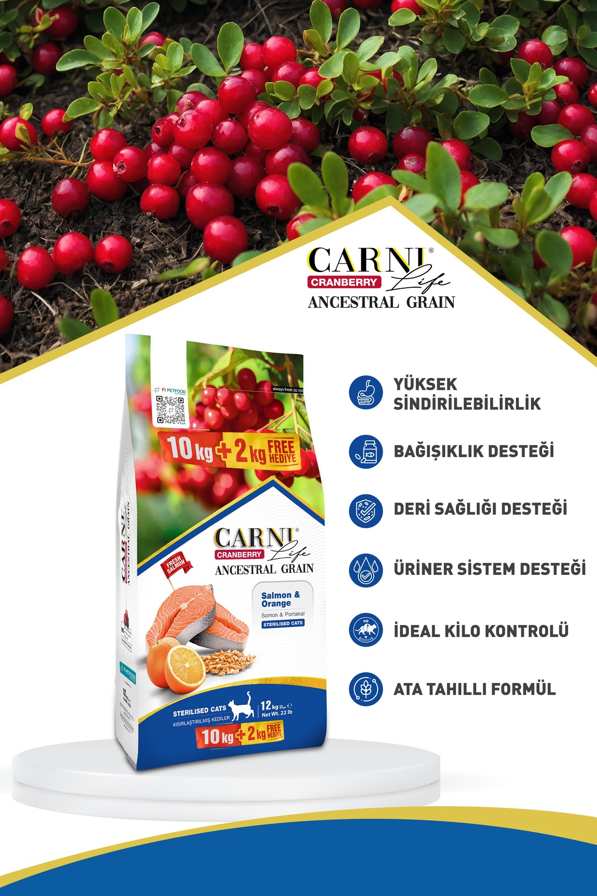 غذای خشک گربه عقیم‌شده کرنبری آنسسترال گرین با سالمون و پرتقال، ۱۰+۲ کیلوگرم کارنی لایف Carni Life