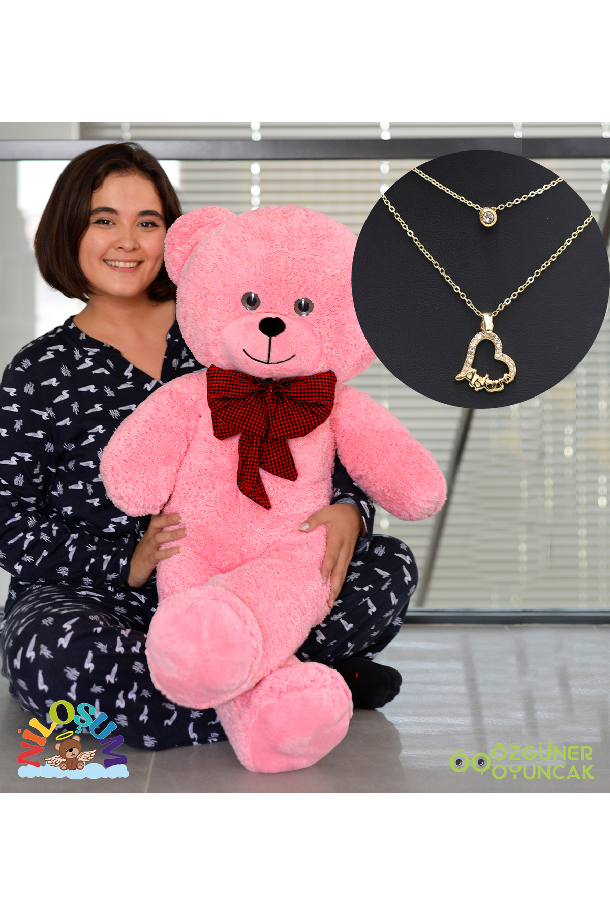 اسباب بازی های پشمی ست هدیه ولنتاین – خرس عروسکی مخمل دار 90 سانتی متری و گردنبند با روکش طلای 24 عیار از ترکیه NİLOŞUM