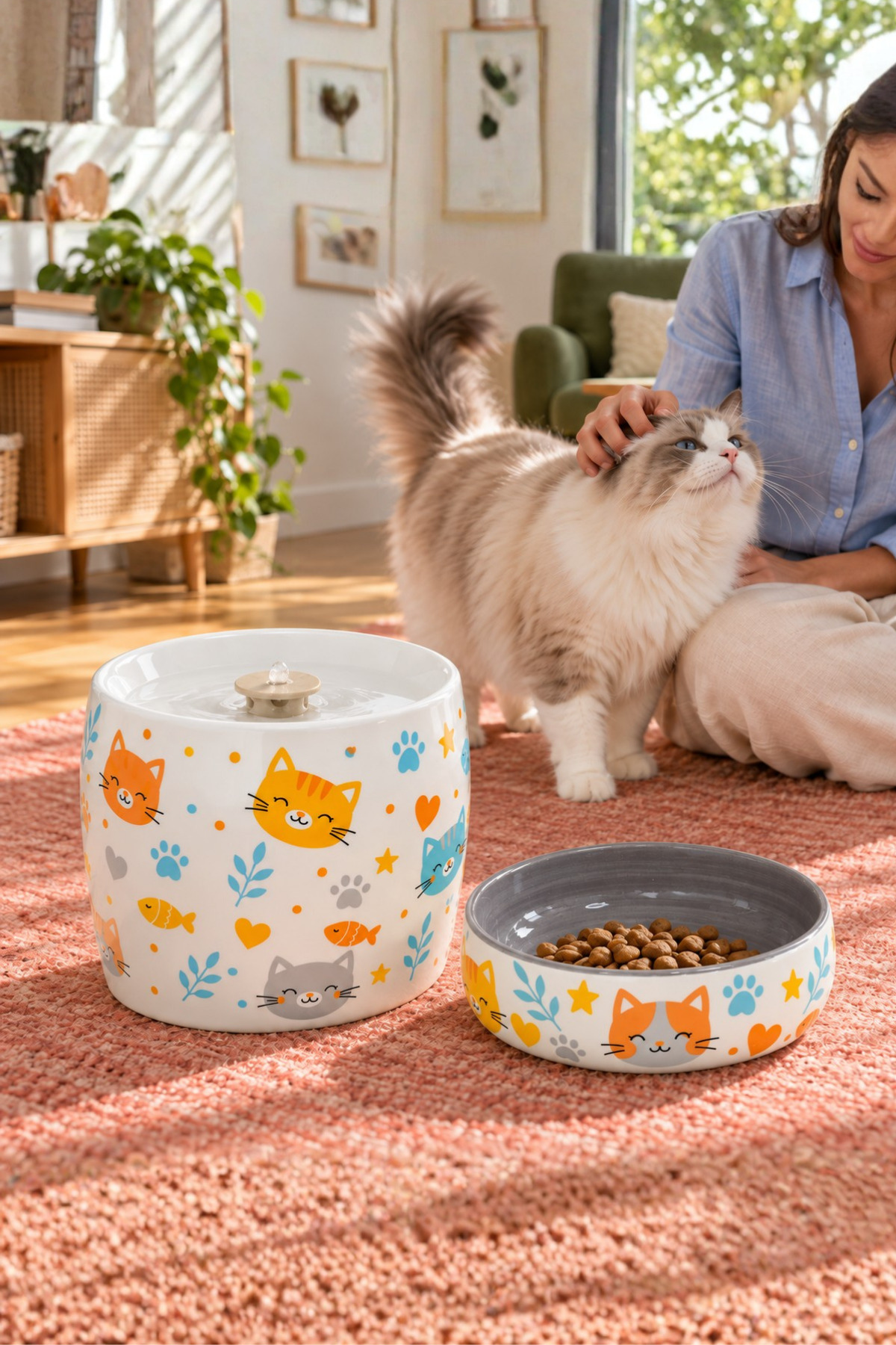 ست آبخوری فواره‌ای و ظرف غذای سگ و گربه پاویچی Pawicci، ۲ تکه، مشکی و چراغ‌دار 1.3 L