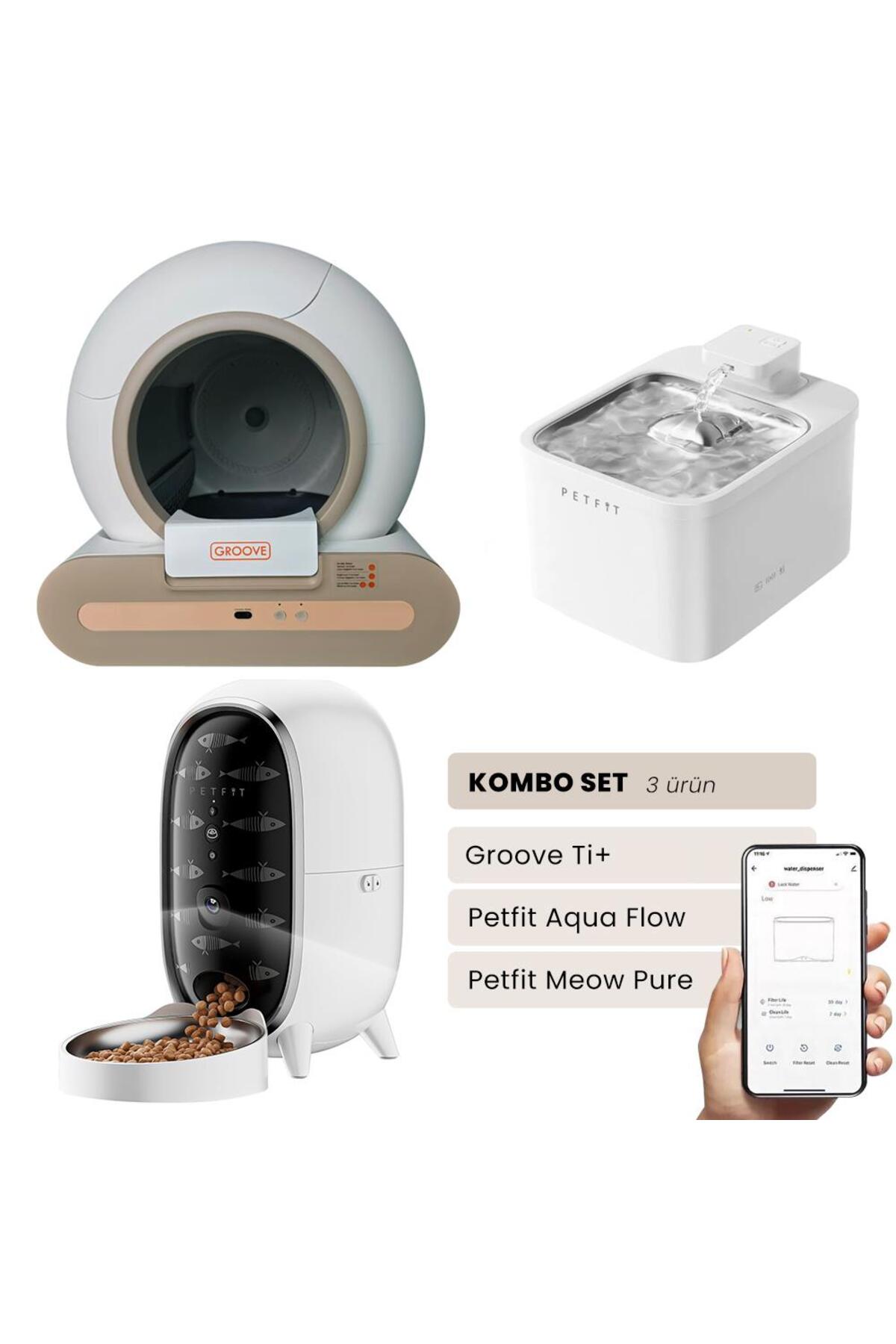 مجموعه توالت خودکار گربه Groove Ti+ قهوه‌ای و آبخوری Aqua Flow باتری‌دار پت‌فیت Petfit