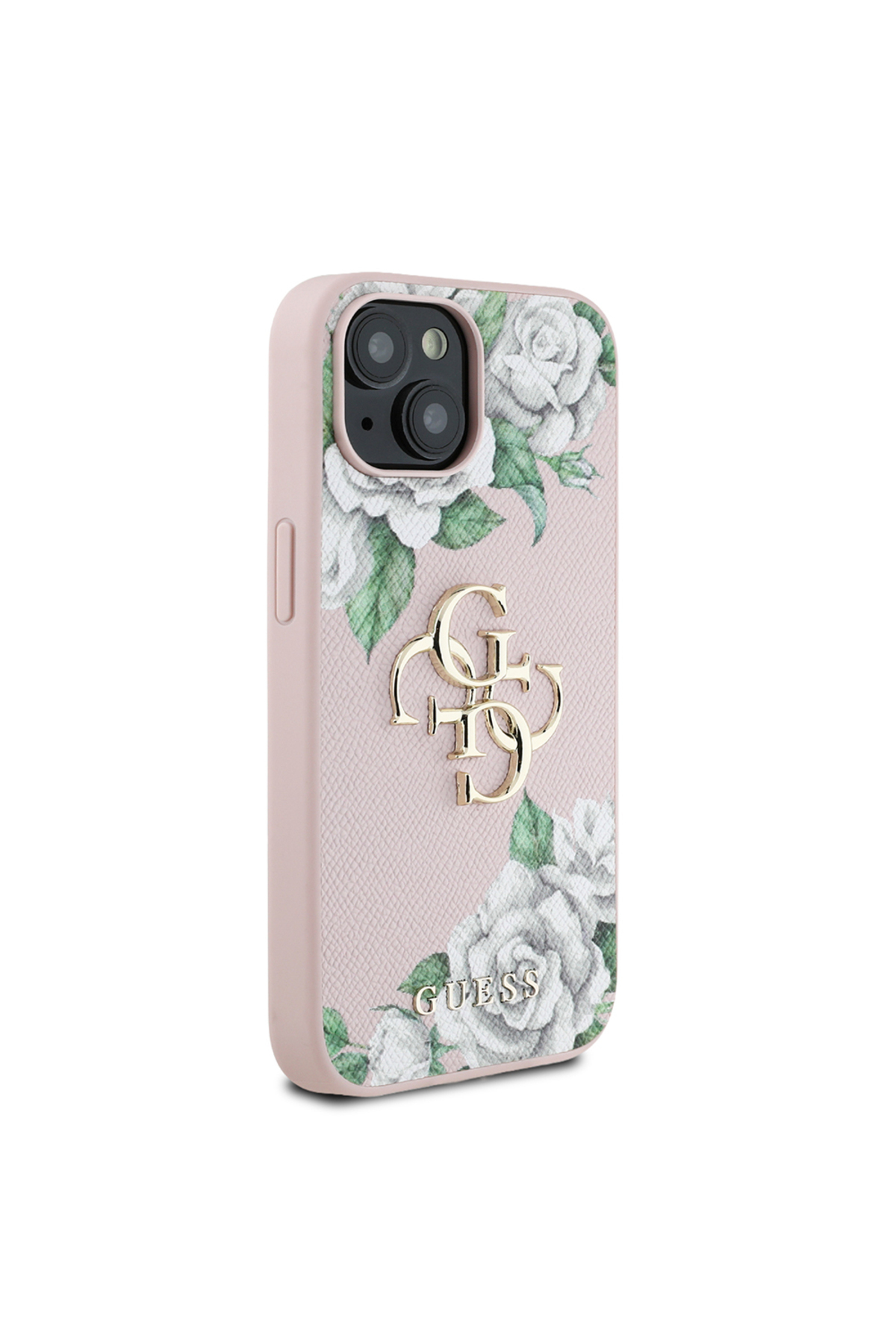 کاور و قاب محافظ آیفون 15 GUESS LICENSED ROSE PRINTED LARGE METAL LOGO طراحی شده روی جلد صورتی اورجینال Guess