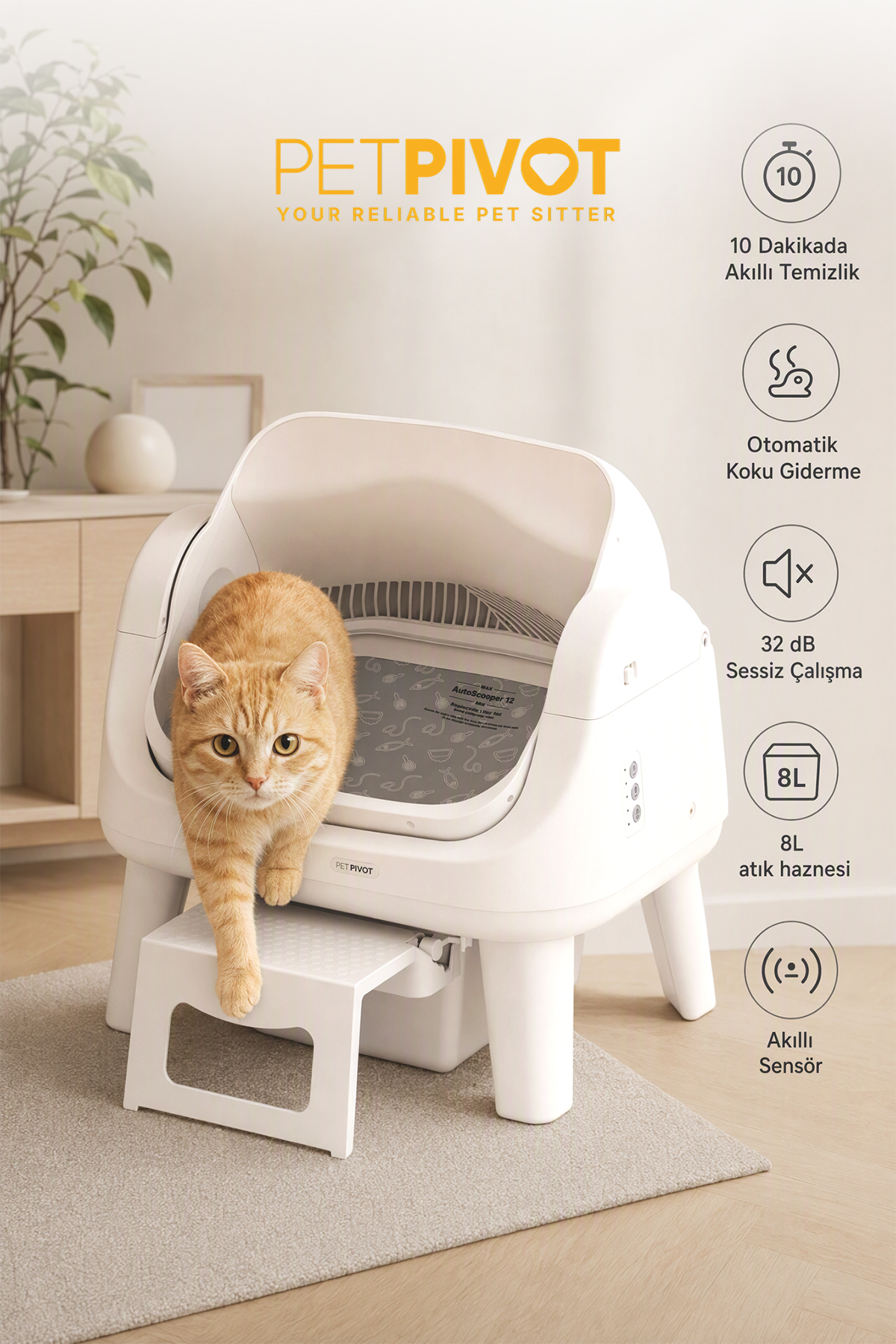 توالت گربه اتوماتیک سنسوردار پت‌پیوت PetPivot مدل AS12 Lite با طراحی باز و عریض و کنترل بو