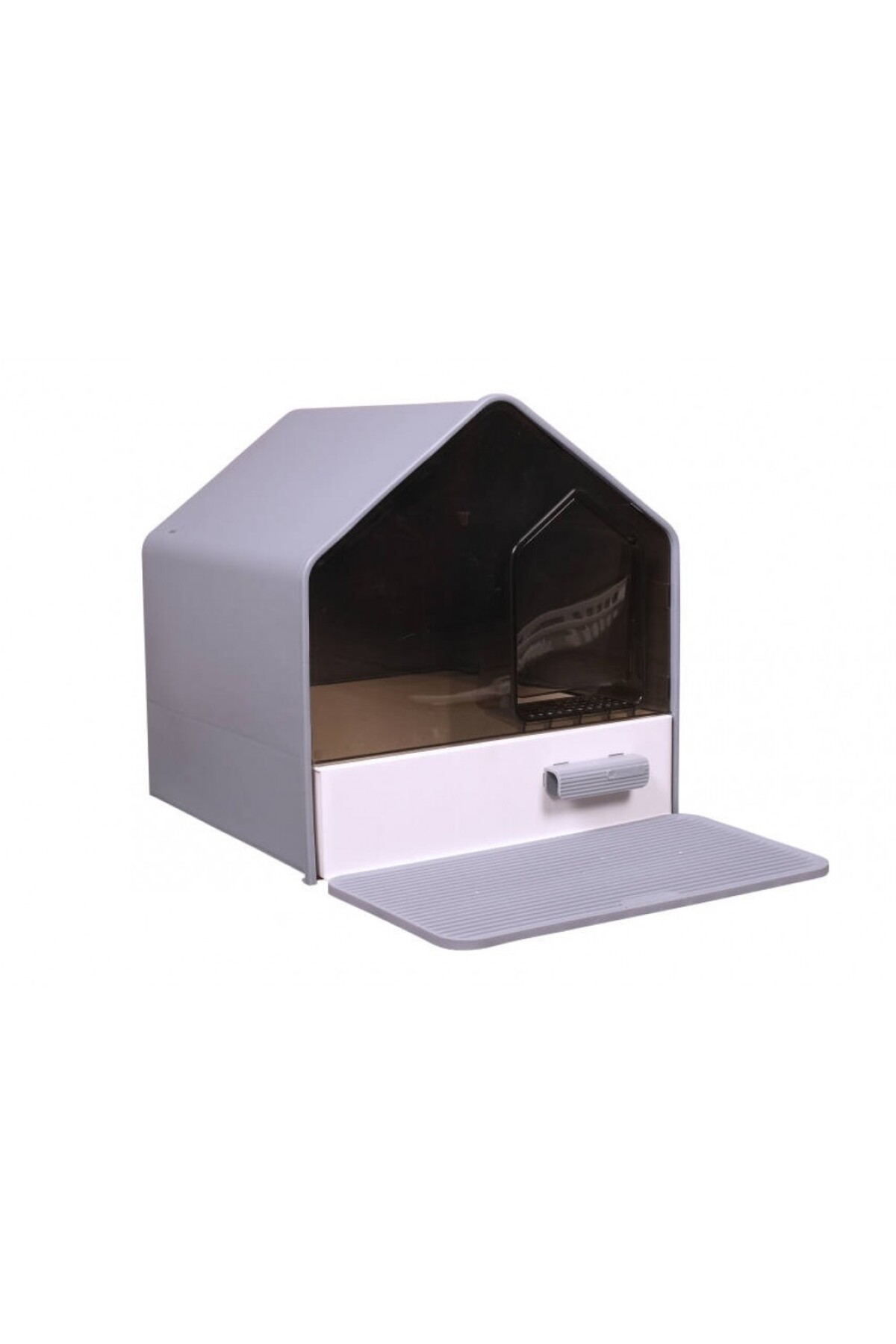 توالت گربه سرپوشیده کشودار پلاستیکی پتس هوم PETS HOME مدل MSP-110، همراه پادری و بیلچه، ۴۶×۴۱×۴۶ سانتی‌متر خاکستری