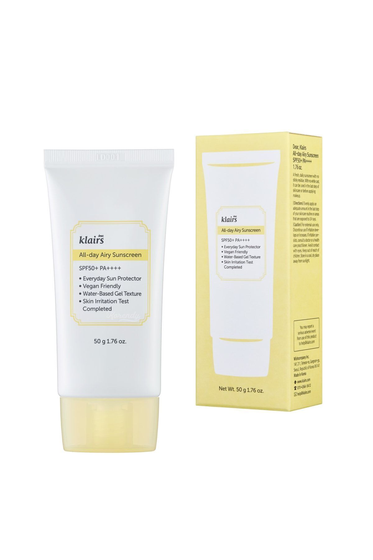 کرم ضد آفتاب صورت هوای تمام روز با SPF 50 PA بافت سبک بر پایه آب فیلتر شیمیایی گرم Dear Klairs