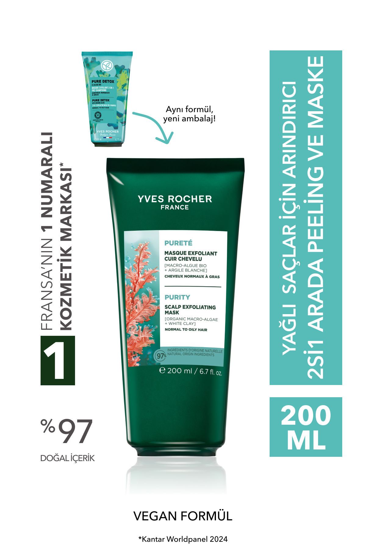 Yves Rocher ماسک مو لایه برداری و پاک کننده 2 در 1 برای موهای چرب DETOX خالص 200 میل
