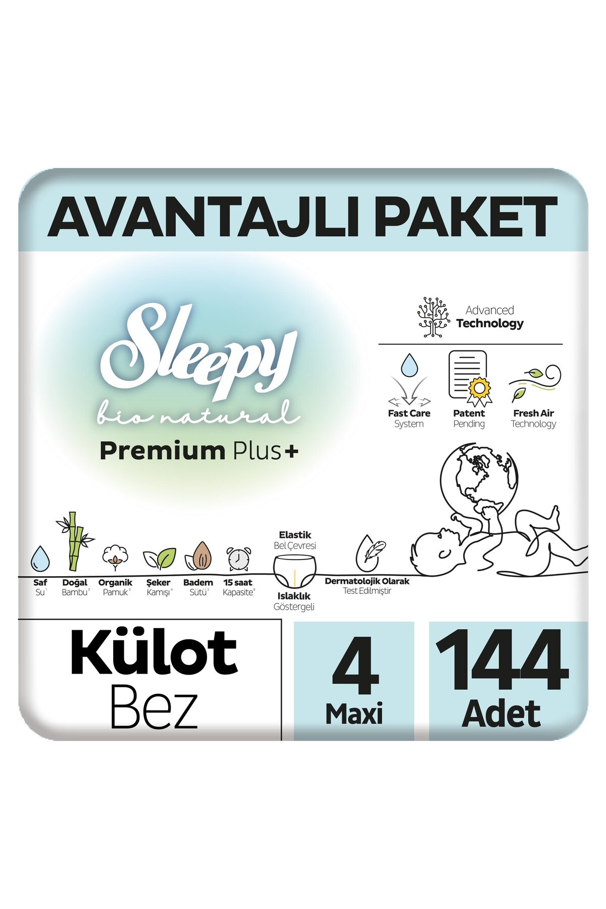 پوشک بچه بسته بندی مزیت شورتی بایو نچرال پرمیوم پلاس سایز 4 ماکسی 144 عدد اورجینال Sleepy