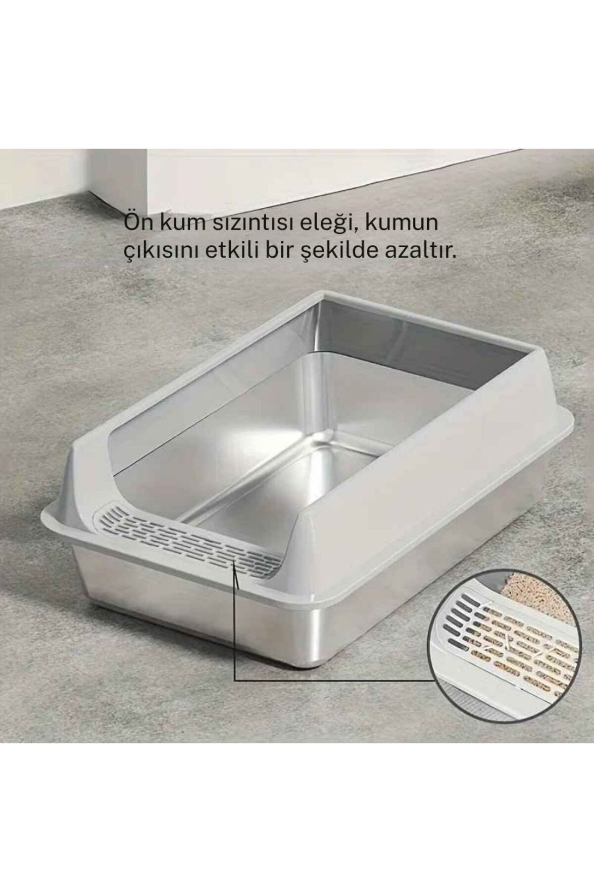ظرف خاک گربه فلزی تک‌تیک TechTic با لبه بلند و بیلچه خاکستری