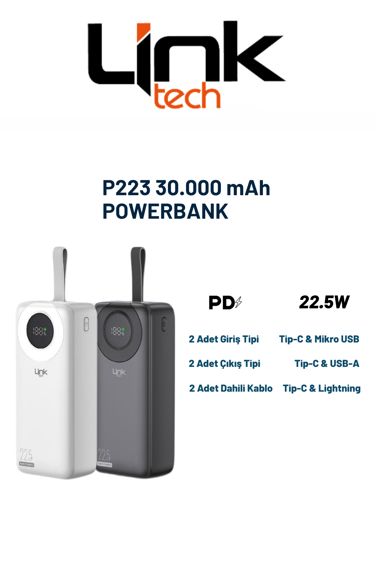 پاوربانک صفحه نمایش دیجیتال P223 30.000 میلی آمپر ساعت 22.5 وات PD شارژ سریع اورجینال Linktech