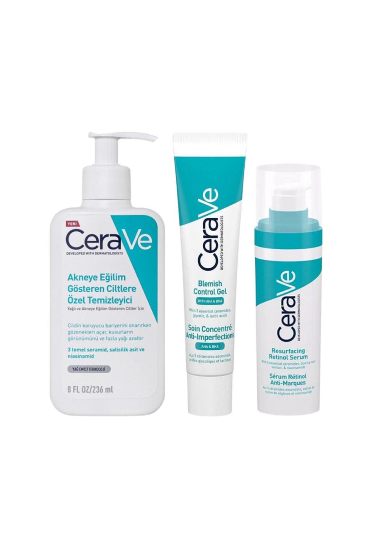 CeraVe پاک کننده پوست با جوش 236 میلی لیتر ژل مراقبتی صورت 40 میلی لیتر سرم رتینول 30 میلی لیتر