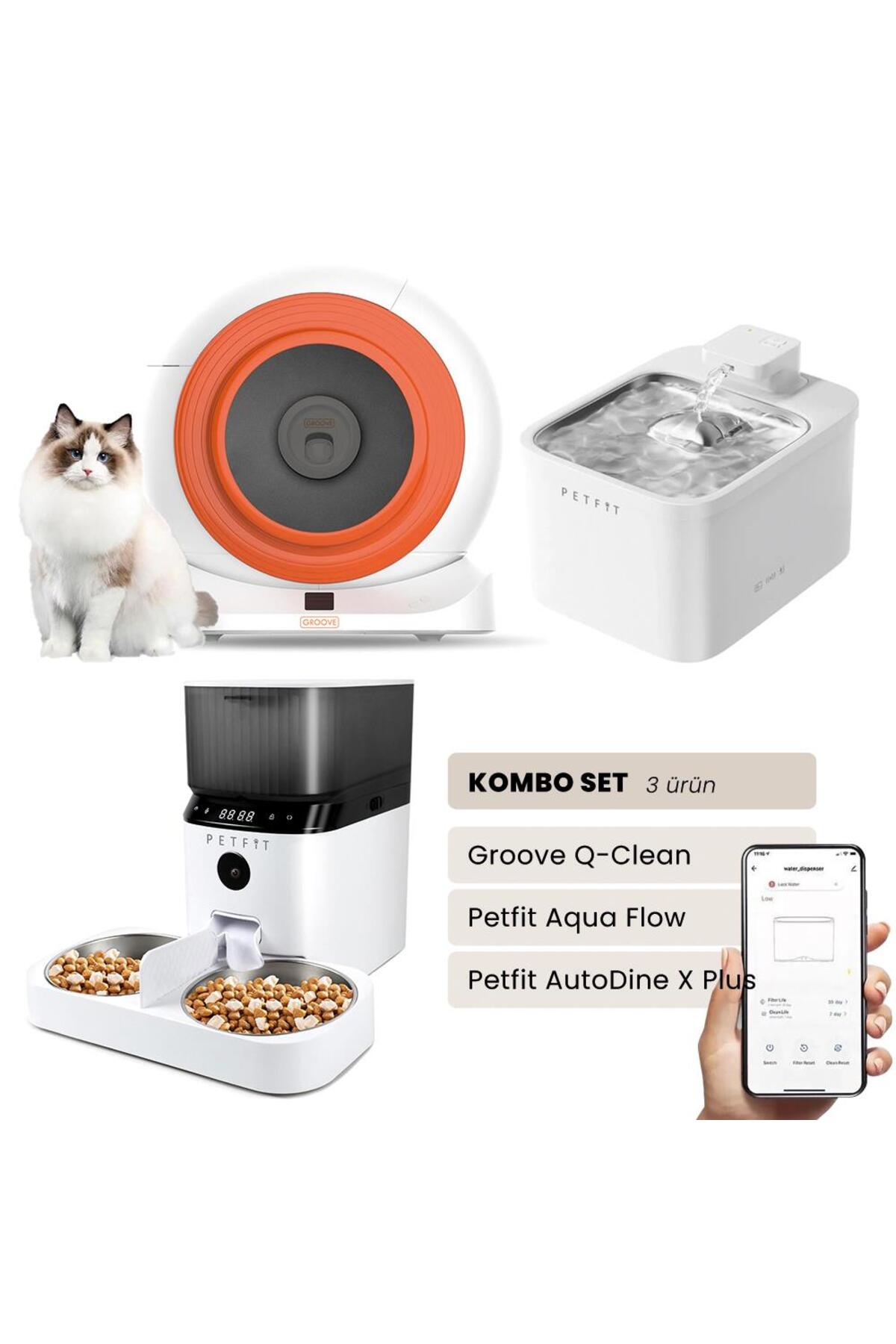 ست توالت خودکار هوشمند گربه Groove Q-Clean و آب‌نمای هوشمند باتری‌خور Aqua Flow، نارنجی پتفیت Petfit