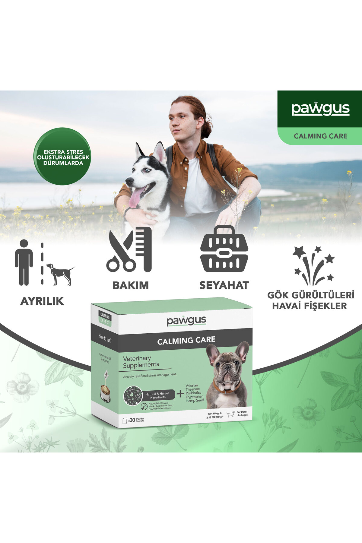 مکمل غذایی سگ پاوگوس Pawgus، مدیریت استرس و آرام‌سازی، ۳۰ × ۲ گرم