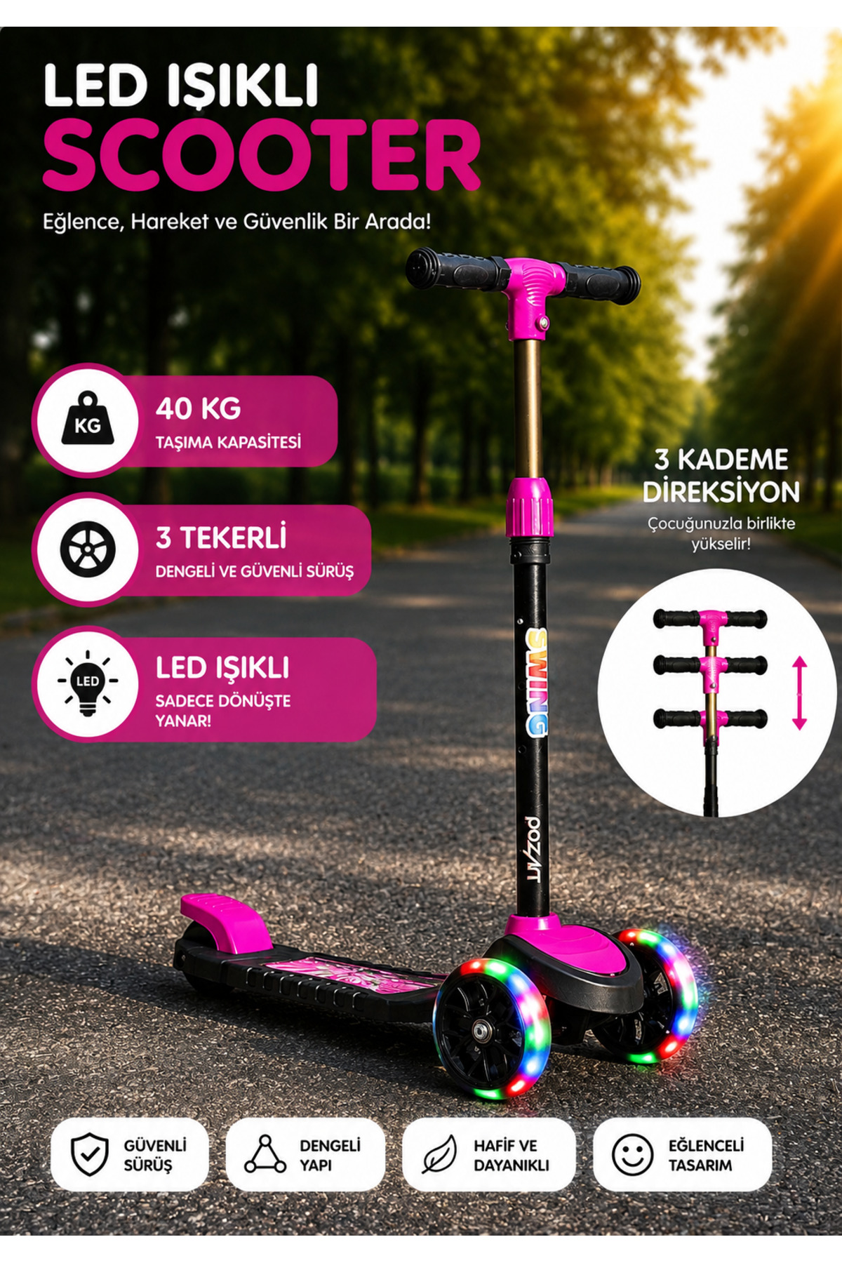 اسکوتر کودکان جدید SWING 3 WHEELS با چراغ LED ظرفیت 40 کیلوگرم مناسب برای سنین سال به بالا از ترکیه POZART