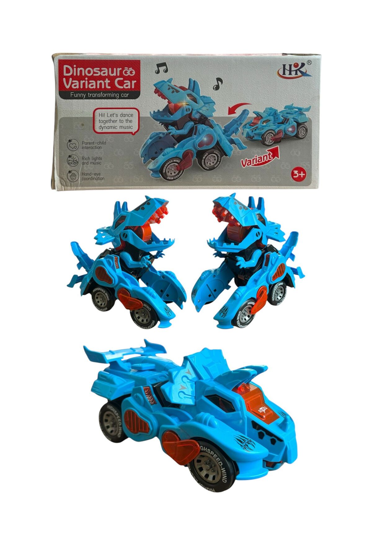 ماشین اسباب بازی TREX DINOSAUR FIGURE CAR SOUND LIGHT باطری موزیک ترانسفورماتور ربات دایناسور 20CM آبی TRUST STORE