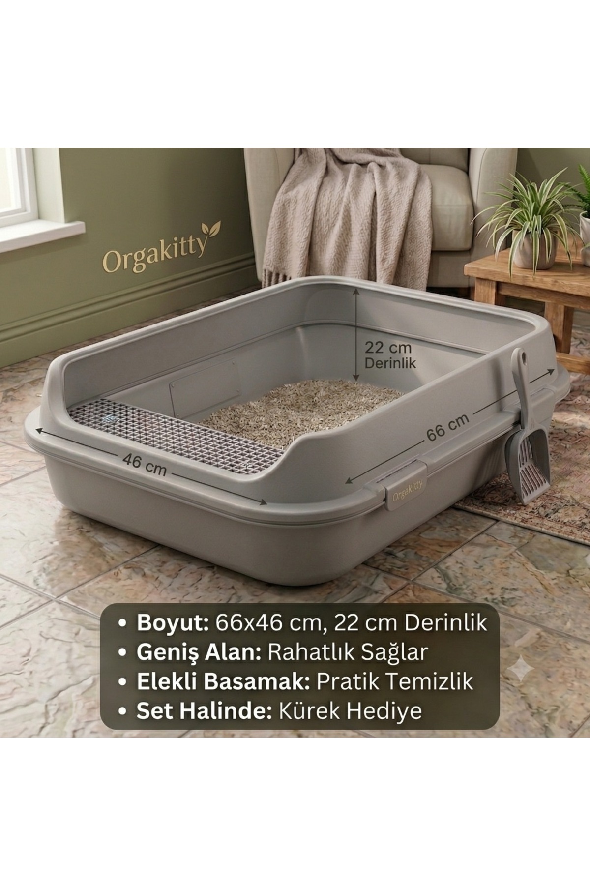 ظرف خاک گربه روباز XXL همراه بیلچه، اورگاکیتی Orgakitty خاکستری