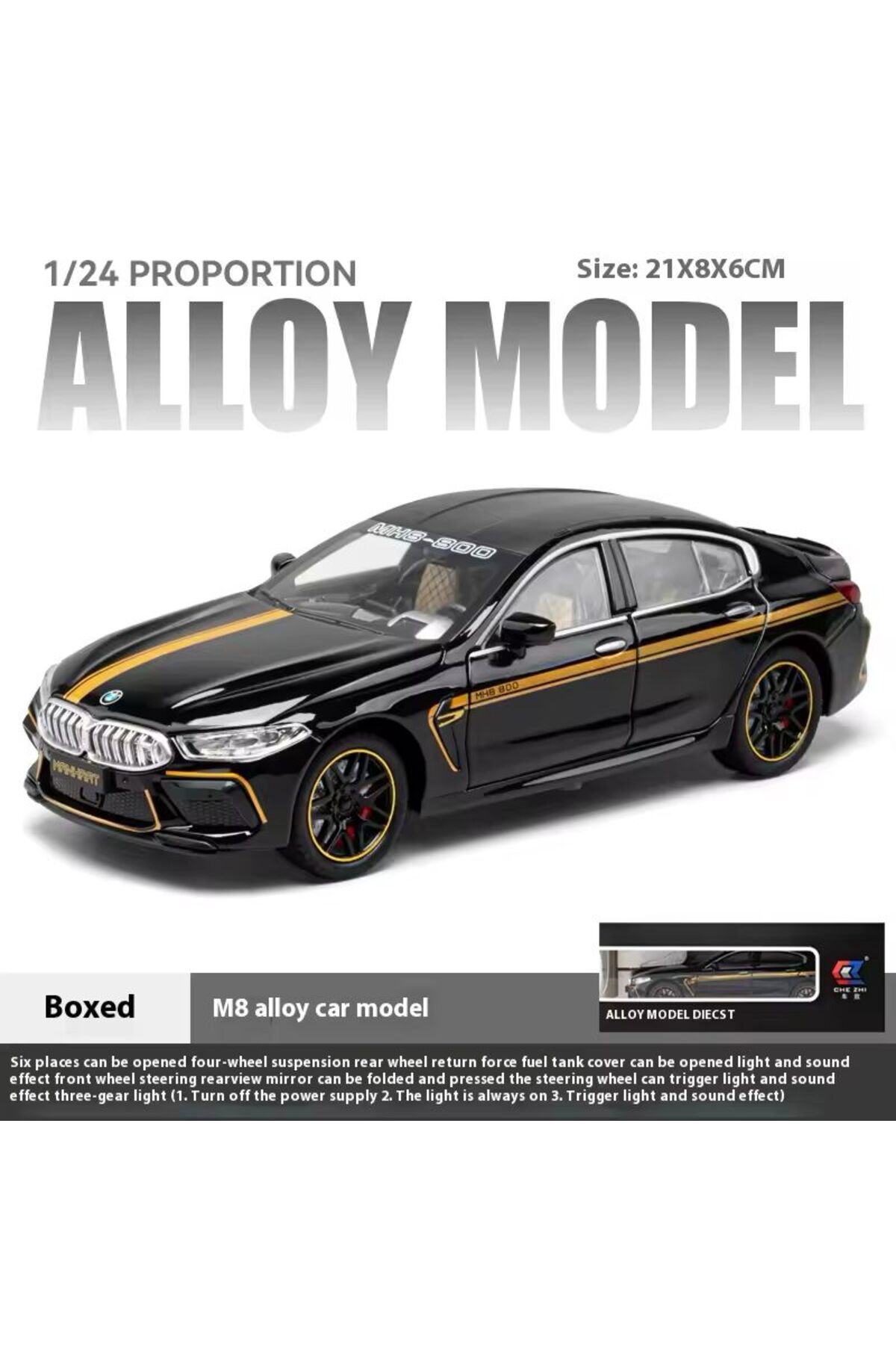 مدل خودرو BMW M8 DIECAST METAL 1.24 SCALE درب صندوق عقب خودروی اسپرت مشکی اورجینال scntoys