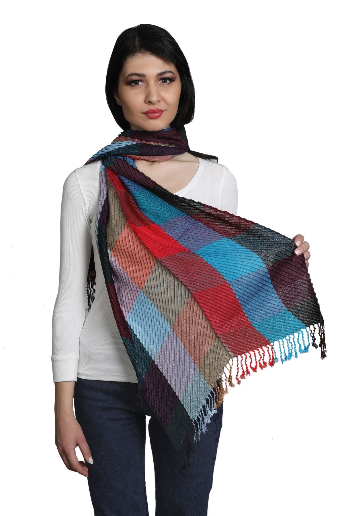 شال چهارخانه میستیک Mystic، ترکیب پنبه و ویسکوز، کد MS-264 قرمز، آبی و چندرنگ