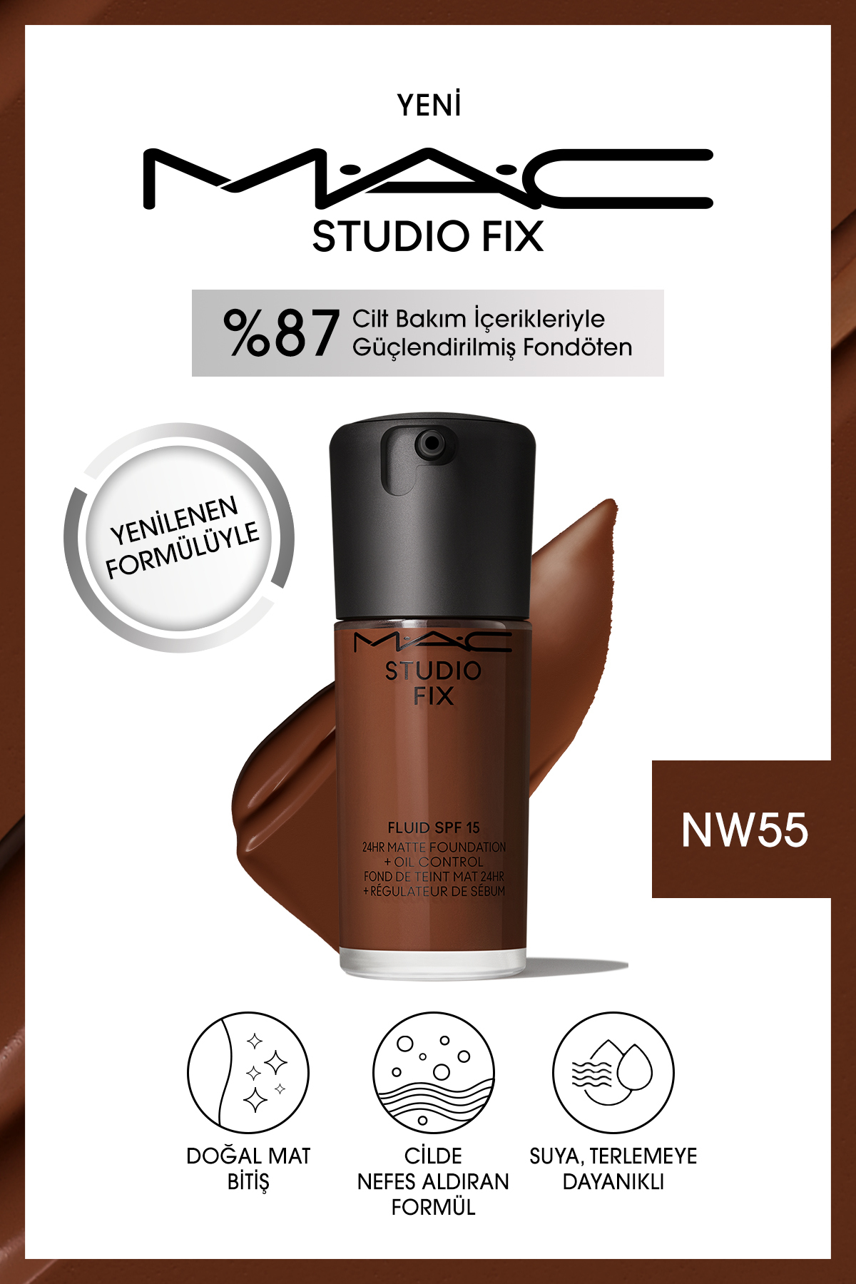 کرم پودر بنیاد دائمی مت تا 24 ساعت استودیو رفع سیال SPF15 رنگ: NW55 30ML Mac