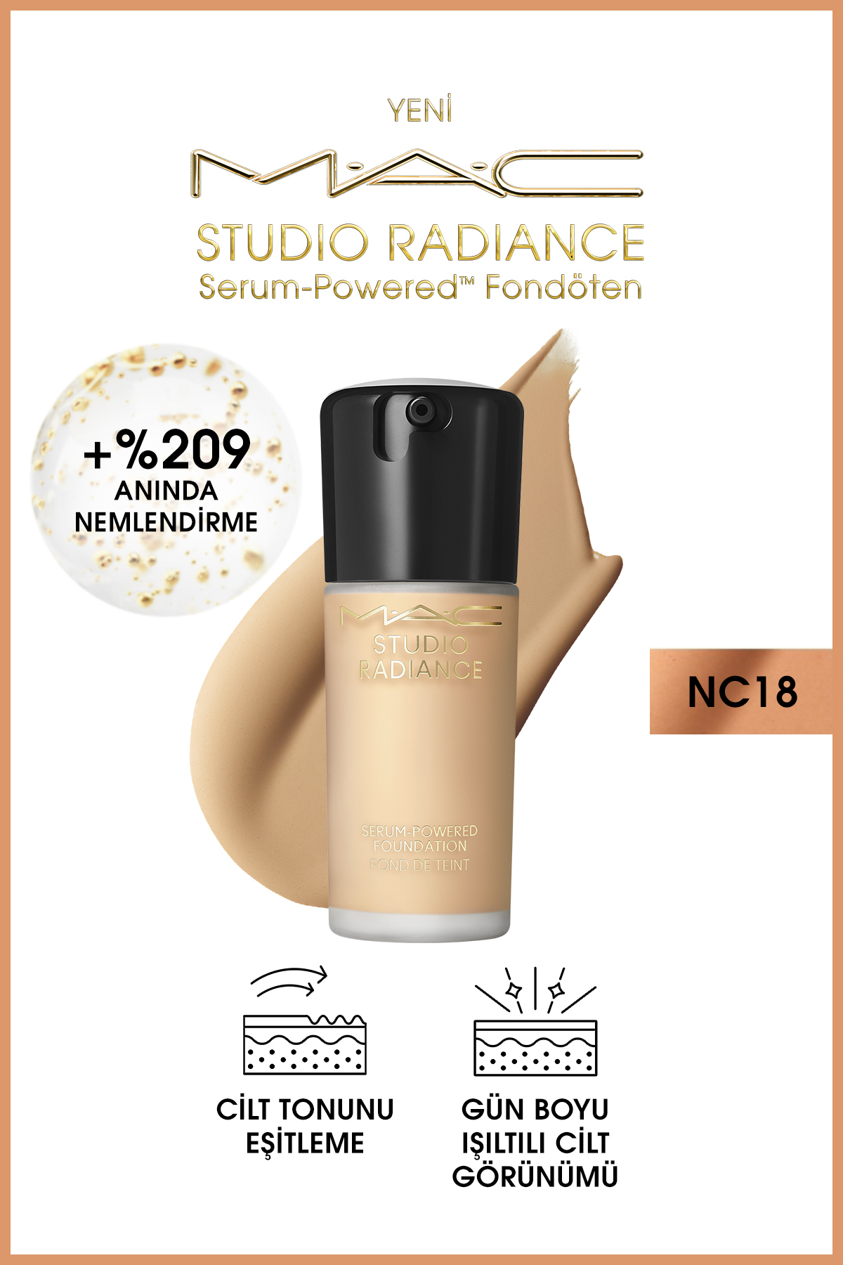 Mac کرم پودر سرمی Studio Radiance حاوی مواد مغذی پوست شماره NC18 حجم 30میل