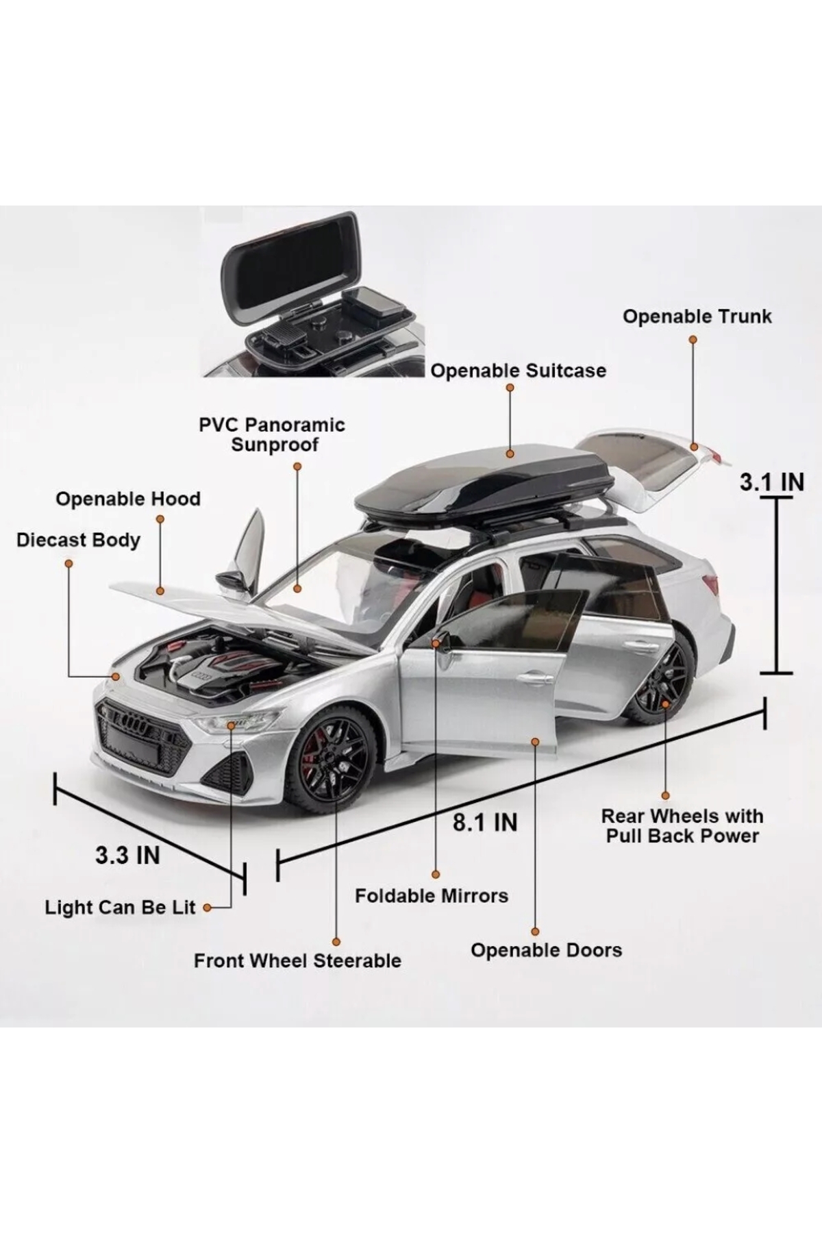 مدل خودرو AUDI RS6 CAR STATION WAGON 1:24 DIECAST METAL MODEL COLLECTION با صدا و نور 21 سانتی متر اورجینال scntoys