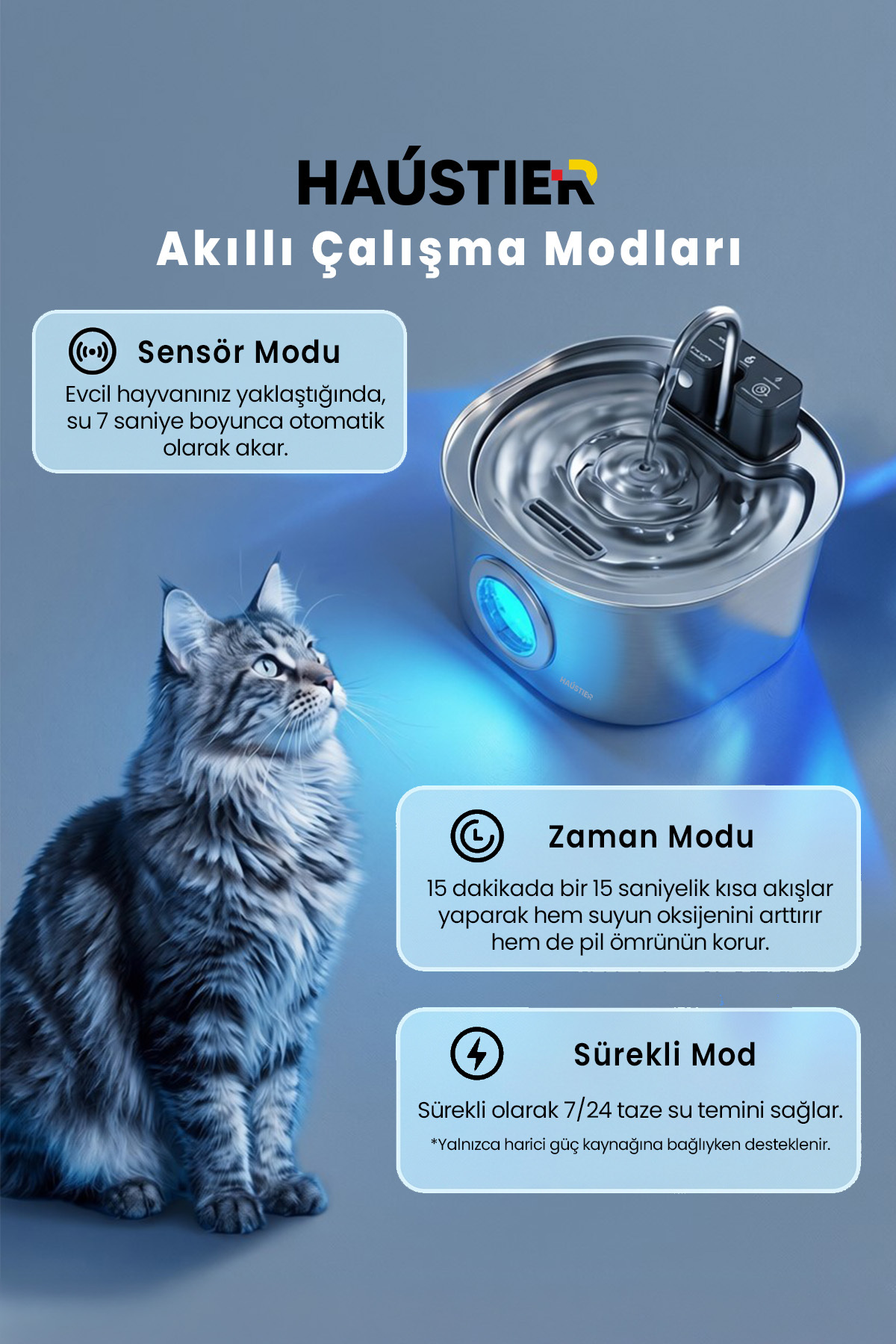 آبخوری فواره‌ای گربه هاوستیر هاوستایر Haustier مدل PWL-010، فولادی با مخزن ۳٫۲ لیتری