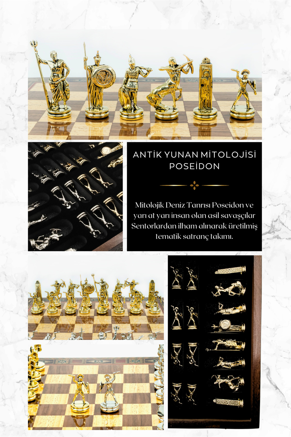 شطرنج ست فلزی چوب جامد 36 سانتی متری با جعبه گردو اسطوره یونان باستان پوزئیدون Cooper Chess