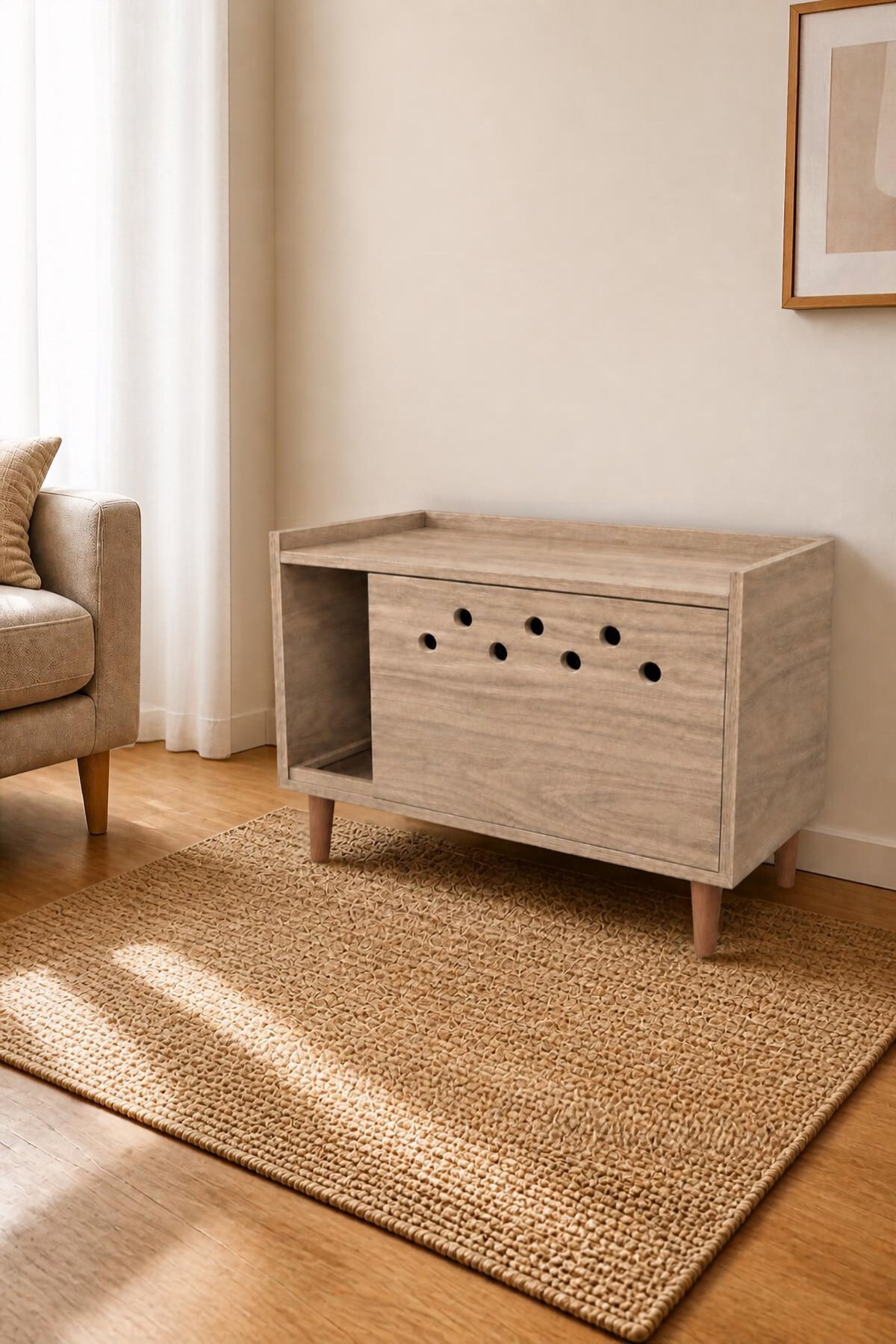 کابینت توالت گربه ریو Reyo، سری Pet Luna، MDF گردویی سوراخ‌دار پایه‌دار