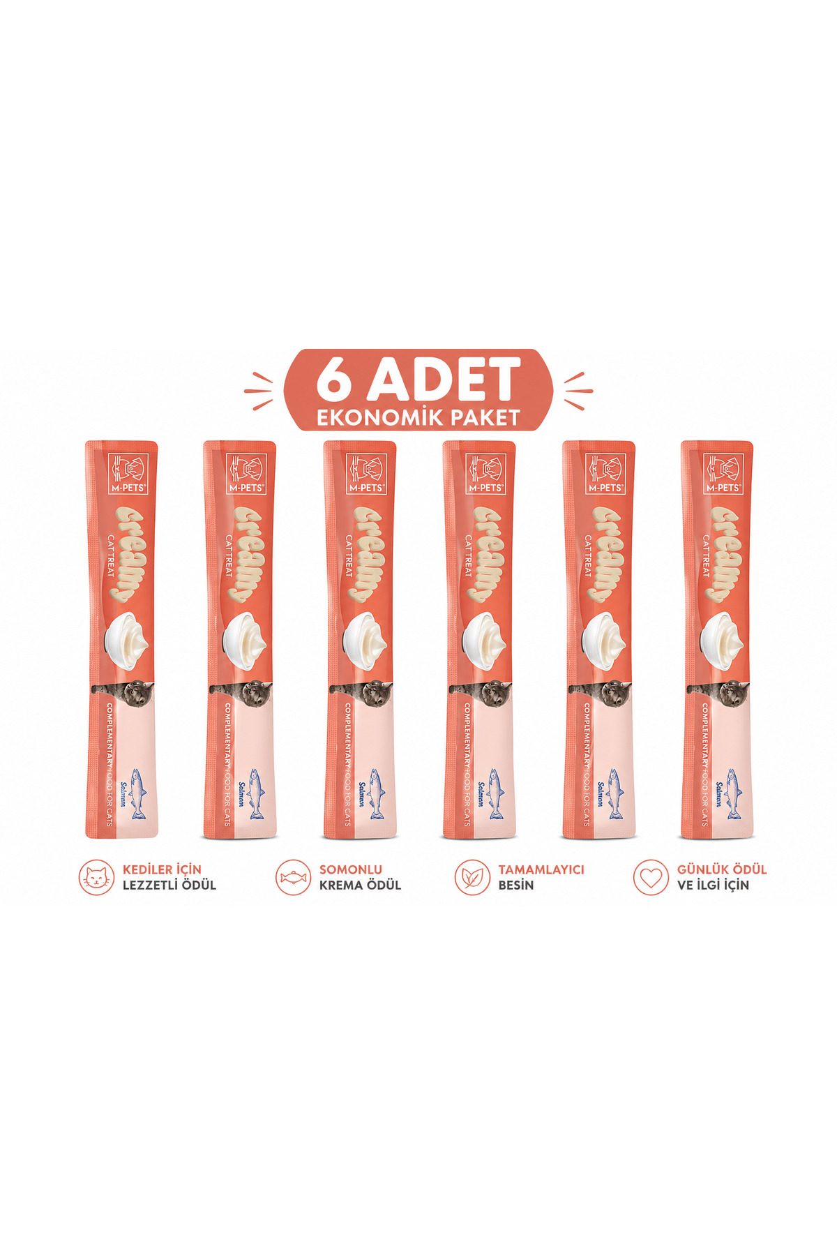 تشویقی گربه ام‌پتس M-PETS Creamy با طعم سالمون، ۶ × ۱۵ گرم