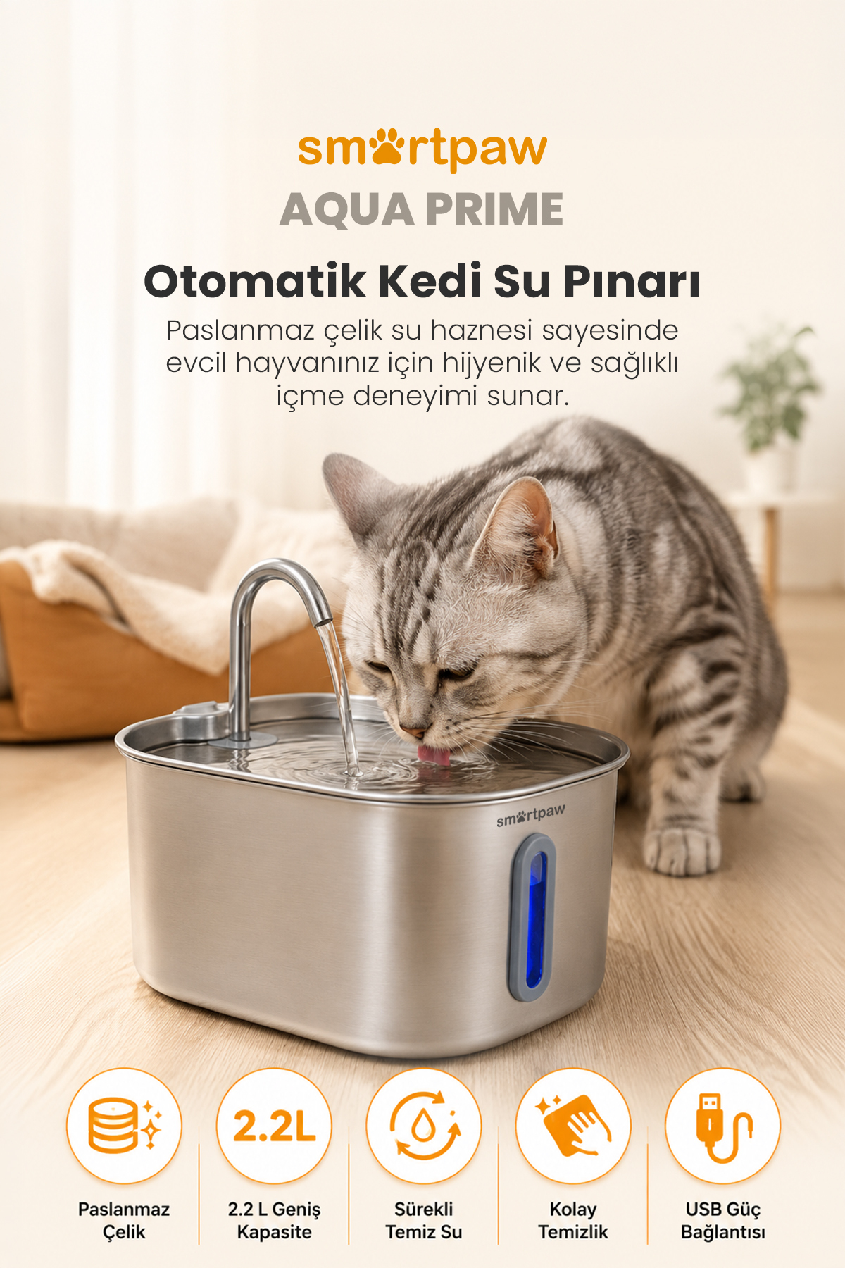 آب‌نمای آب‌خوری گربه اسمارت‌پا SMARTPAW Aqua Prime، مدل pwl148b، ۲٫۲ لیتری، استیل ضدزنگ 304 با نشانگر LED