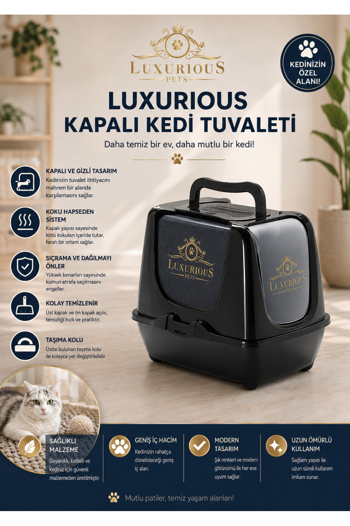 ظرف خاک گربه سرپوشیده لوکسوریوس LUXURIOUS مدل 1096، مشکی، دسته‌دار