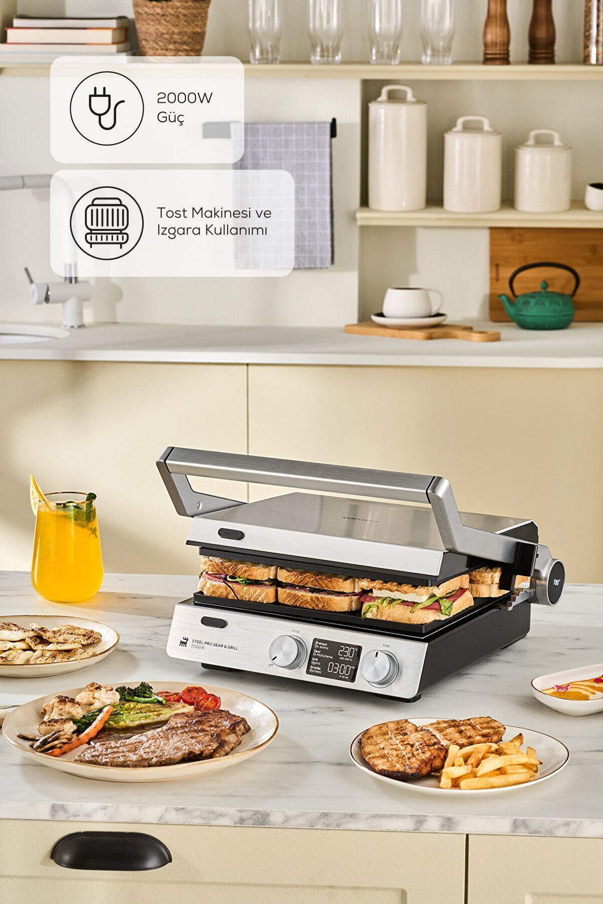 دستگاه ساندویچ و تست COMPACT STEEL PRO SEAR AND GRILL INOX 2007 TOSTER 2000 W 6 SLICE CAPACITY اورجینال Karaca