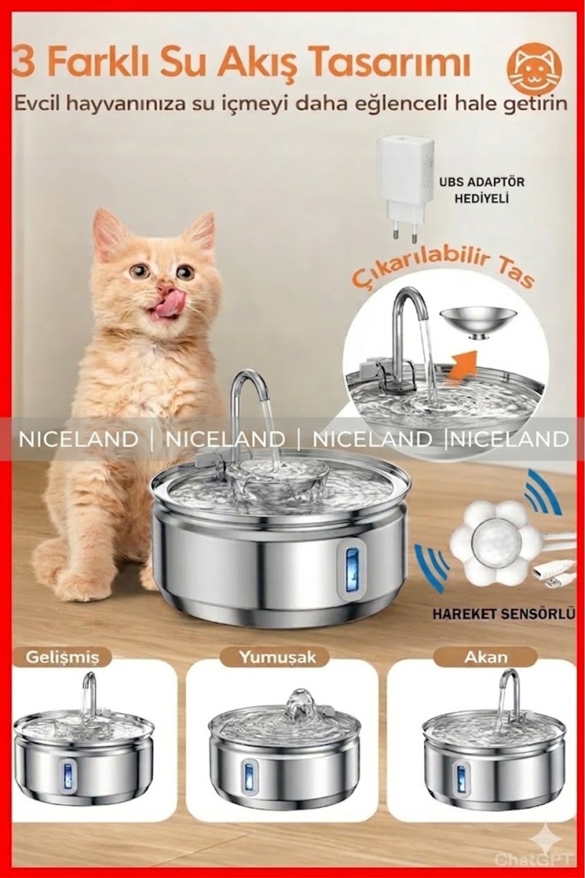 آبخوری اتوماتیک حیوانات خانگی نایس‌لند NiceLand، استیل ضدزنگ، ۳٫۲ لیتر، حسگر حرکتی