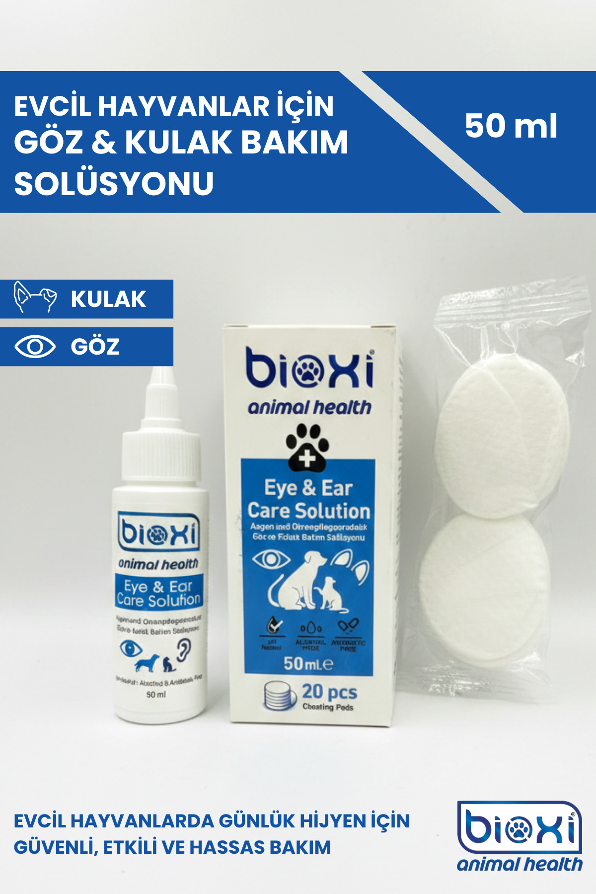 دستمال مراقبت از چشم و گوش حیوانات بیوکسی Bioxi، ۲۰ عددی، ۵۰ میلی‌لیتر