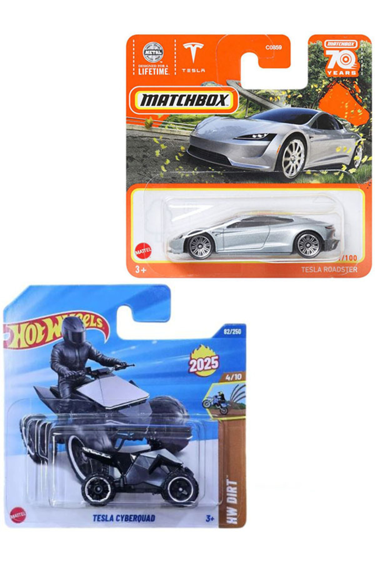 ماشین اسباب بازی 2 وسیله نقلیه مجموعه TESLA چرخ های داغ CYBERQUAD & MATCHBOX ROADSTER 1 64 هات ویلز اورجینال HOT WHEELS