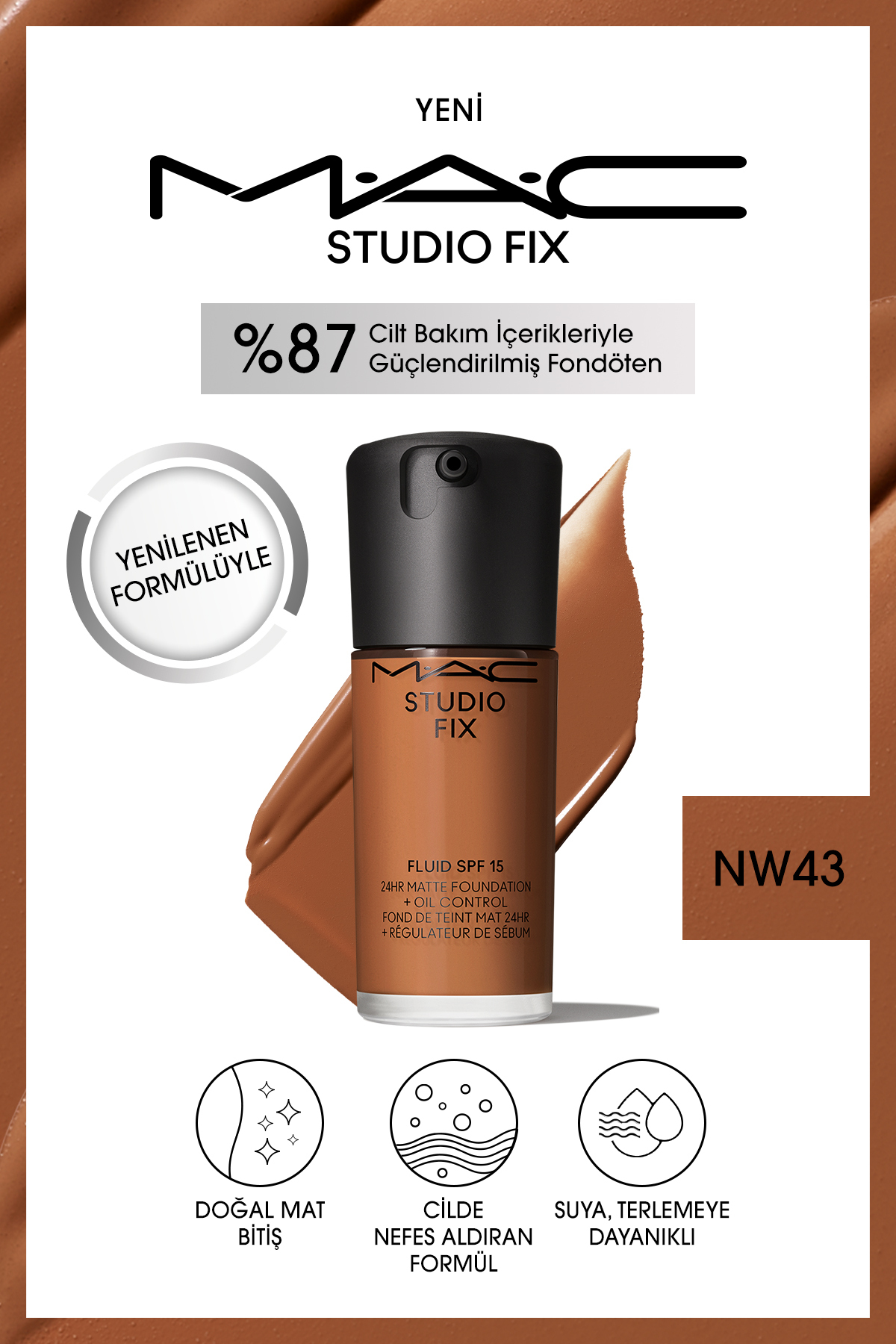 کرم پودر بنیاد دائمی مت تا 24 ساعت استودیو رفع سیال SPF15 رنگ: NW43 30ML Mac